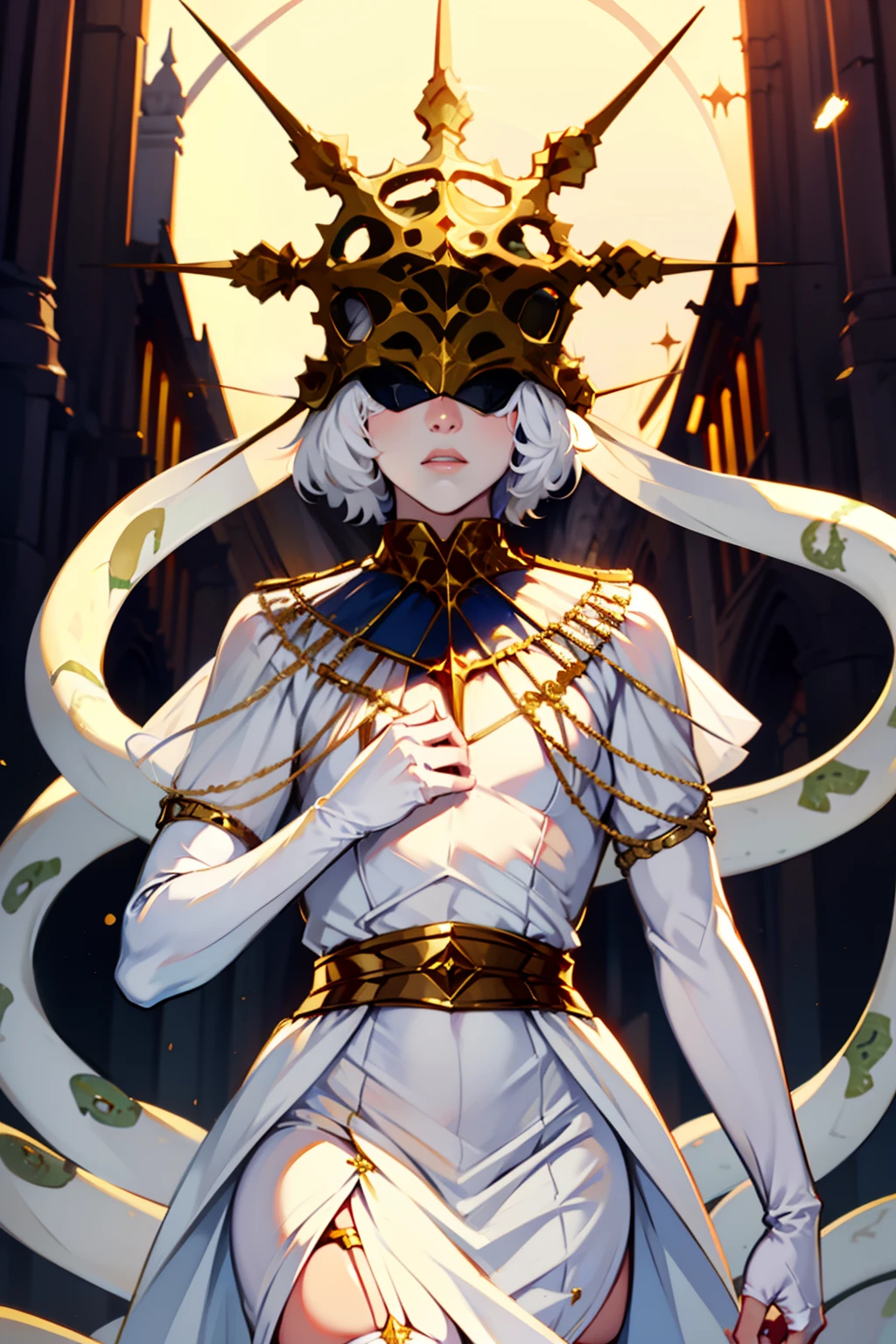 Gywndolin, short white hair, androgynous, 1boy, male, femboy, flat-chested, GwyRob, white thighhighs, ((golden sun mask)), covered eyes, gold jewelry, white elbow gloves, long white dress, green snakes, white veil, ((snakes under white dress)), perfect anatomy, solo