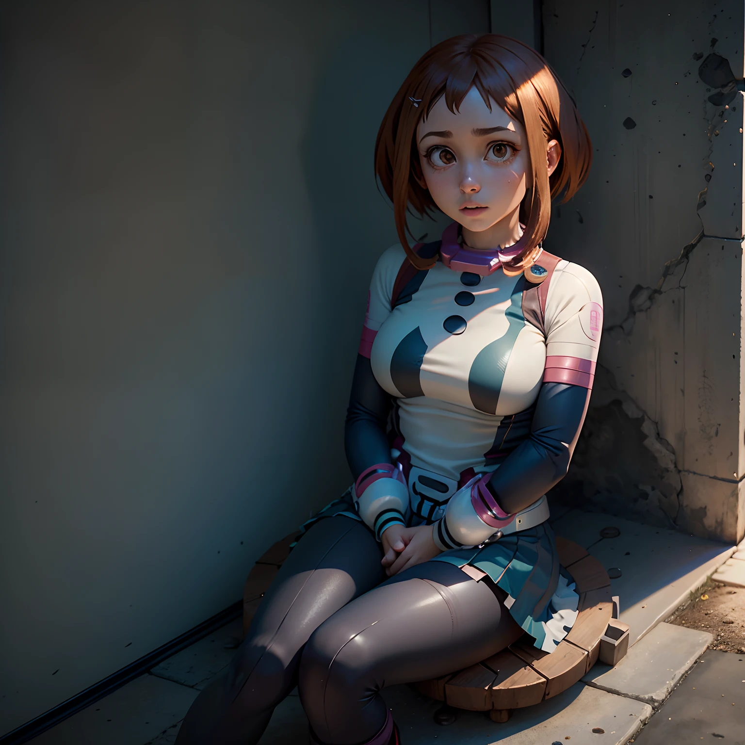 (garota hiper realista:1.2), ((Ochako Uraraka de 18 anos)), (Boku no hero), corpo inteiro, single body, olhando para frente, sitting on ground, (coxas internas expostas), joelhos dobrados, uniforme escolar, (cabelo liso e curto), (uniforme), seios grandes:1.3, Quarto feminino, quarto tradicional, Hiper realista, cinematic lighthing, (octan render), ray tracing