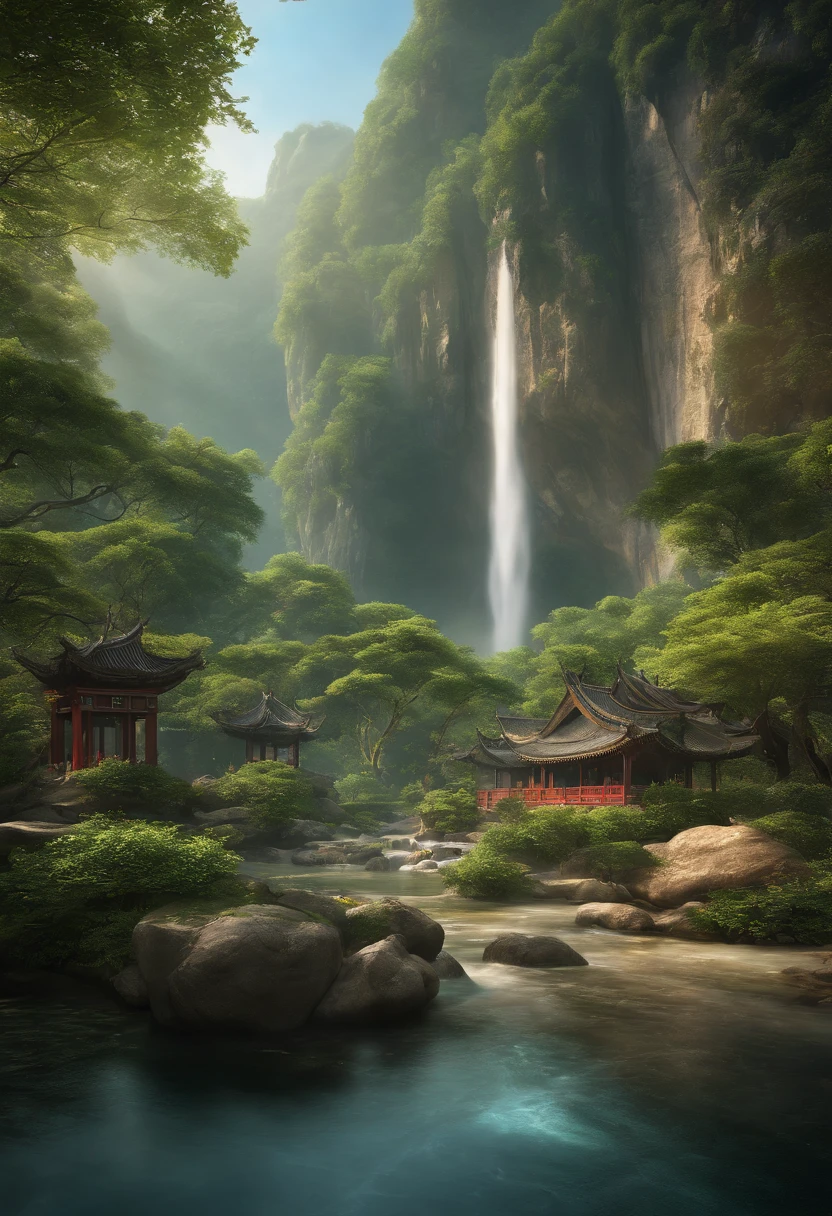 Chinese ancient times, spring, jungle, lake, cave, waterfall, tree, meadow, rock, deer, hot spring, water vapor, (illustration: 1.0), epic composition, realistic lighting, HD details, masterpiece, best quality, (very detailed CG unified 8k wallpaper)