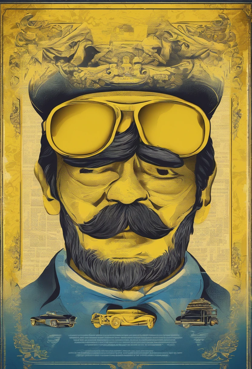 Nariz, bigode, barba, capuz, cachos, corpo desproporcional, animification, tons de azul e amarelo