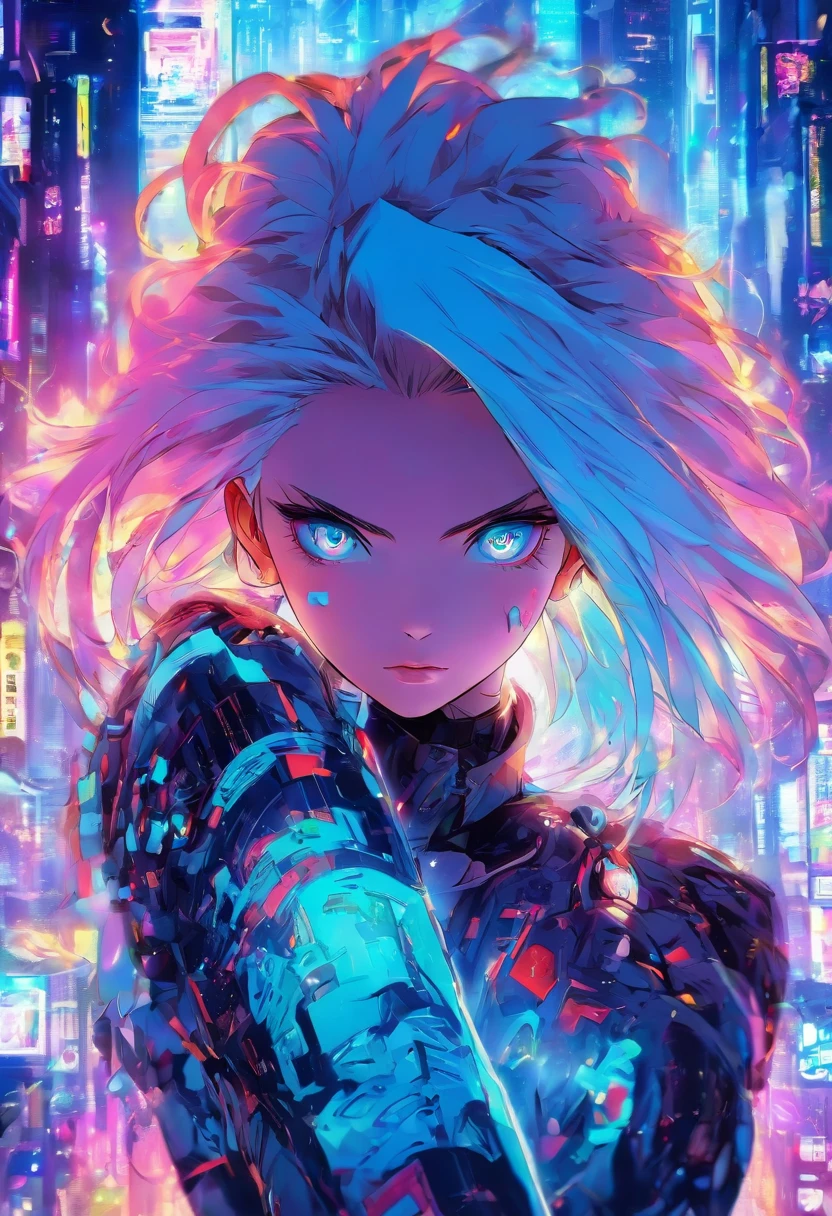 anime girl with white hair and blue eyes with a futuristic background, digital cyberpunk anime art, digital cyberpunk - anime art, detailed digital anime art, dreamy psychedelic anime, digital anime art, anime girl with cosmic hair, digital art on pixiv, digital anime illustration, anime style 4 k, cyborg - girl with silver hair, anime styled digital art, cyberpunk art style