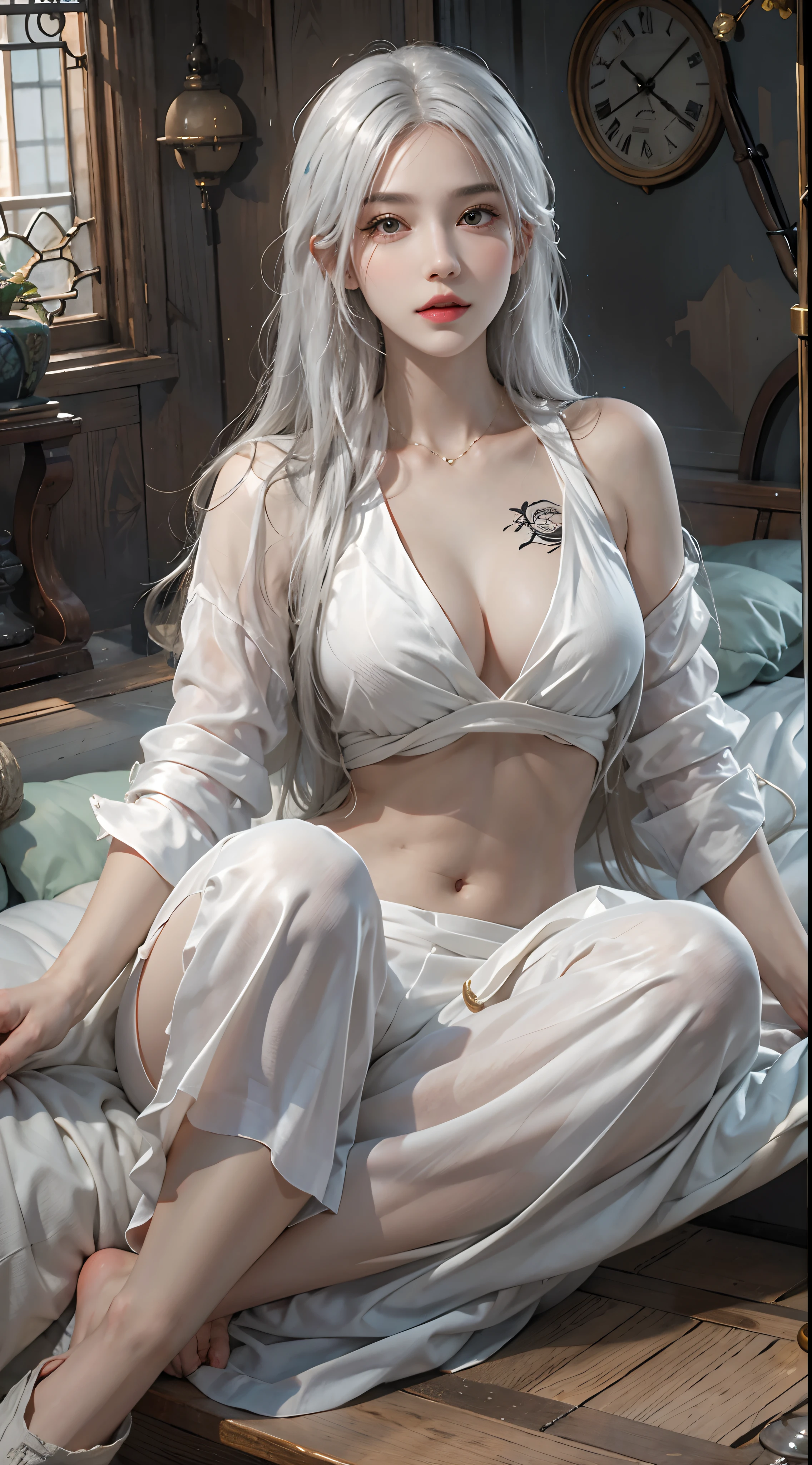 photorealistic, high resolution, 1women, solo, legs up, look at viewer, (detailed face), white hair, long hair, medium breasts, tattoo, taoist