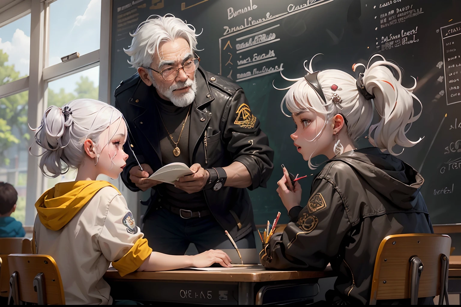 In bright classrooms,(An older Asian male teacher discusses issues with two elementary school students:1.5),Two schoolchildren quarrel with each other,The teacher's face is full of the vicissitudes of time,Full of silver hair,Watch your classmates smile toothyly,The blackboard behind him was full of formulas,Sunlight shines through the window on the teacher's face,((Best quality, A high resolution, Masterpiece:1.2)), Clear facial features, Optimized details,8K,cinematic Film still from.