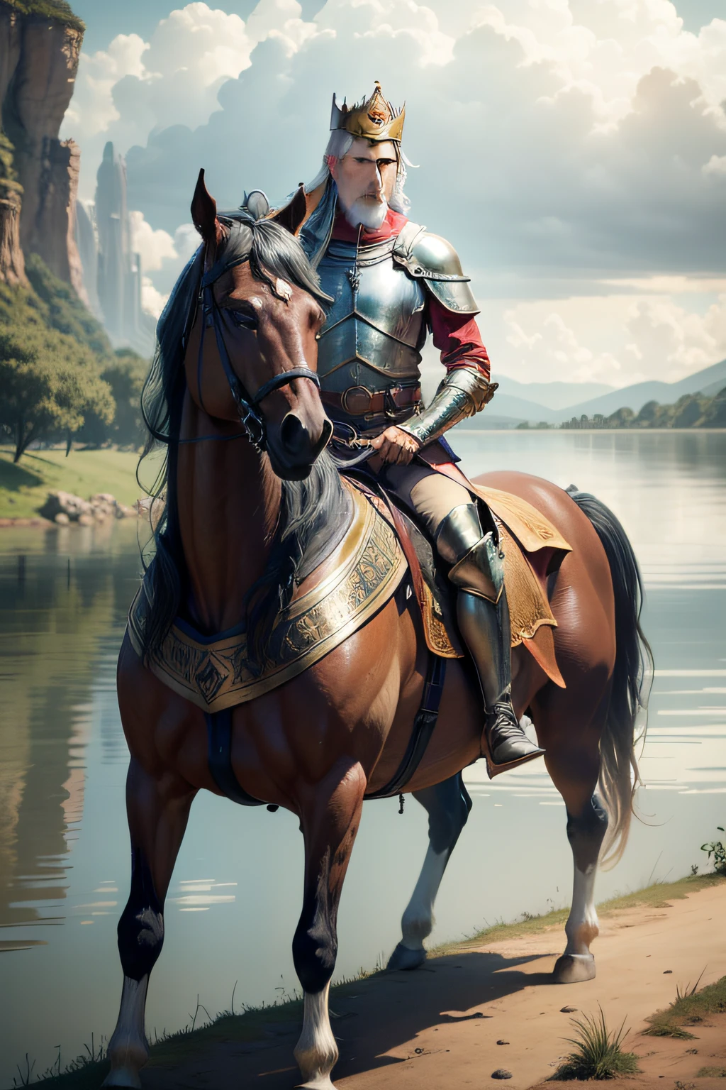 King Naaman with skin disease on top of his war horse, e seu servo lado em frente do lago de agua barrenta