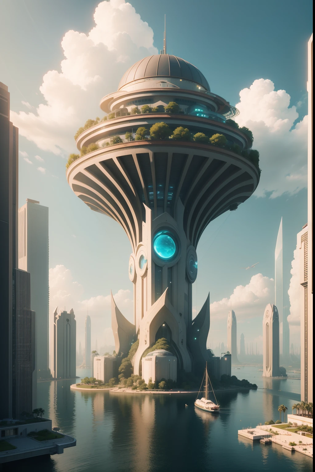 Cidade futuristica,With huge buildings and boats in the water, solarpunk futuristic utopia, stuning fantasy 3 d render, fantasy architecture, futuristic palace, solarpunk city, Sunpunk architecture, in fantasy sci - fi city, solarpunk utopia, solarpunk village, surreal sci fi set design, surreal concept art, surreal sci fi architecture, 3d render digital art