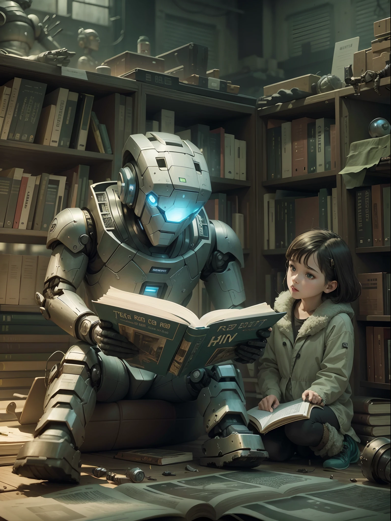 robot read book with friend,best quality,4k,8k,highres,masterpiece:1.2,ultra-detailed,realistic:1.37,portrait,color harmony,warm tones,HDR,studio lighting,physically-based rendering,professional,sharp focus