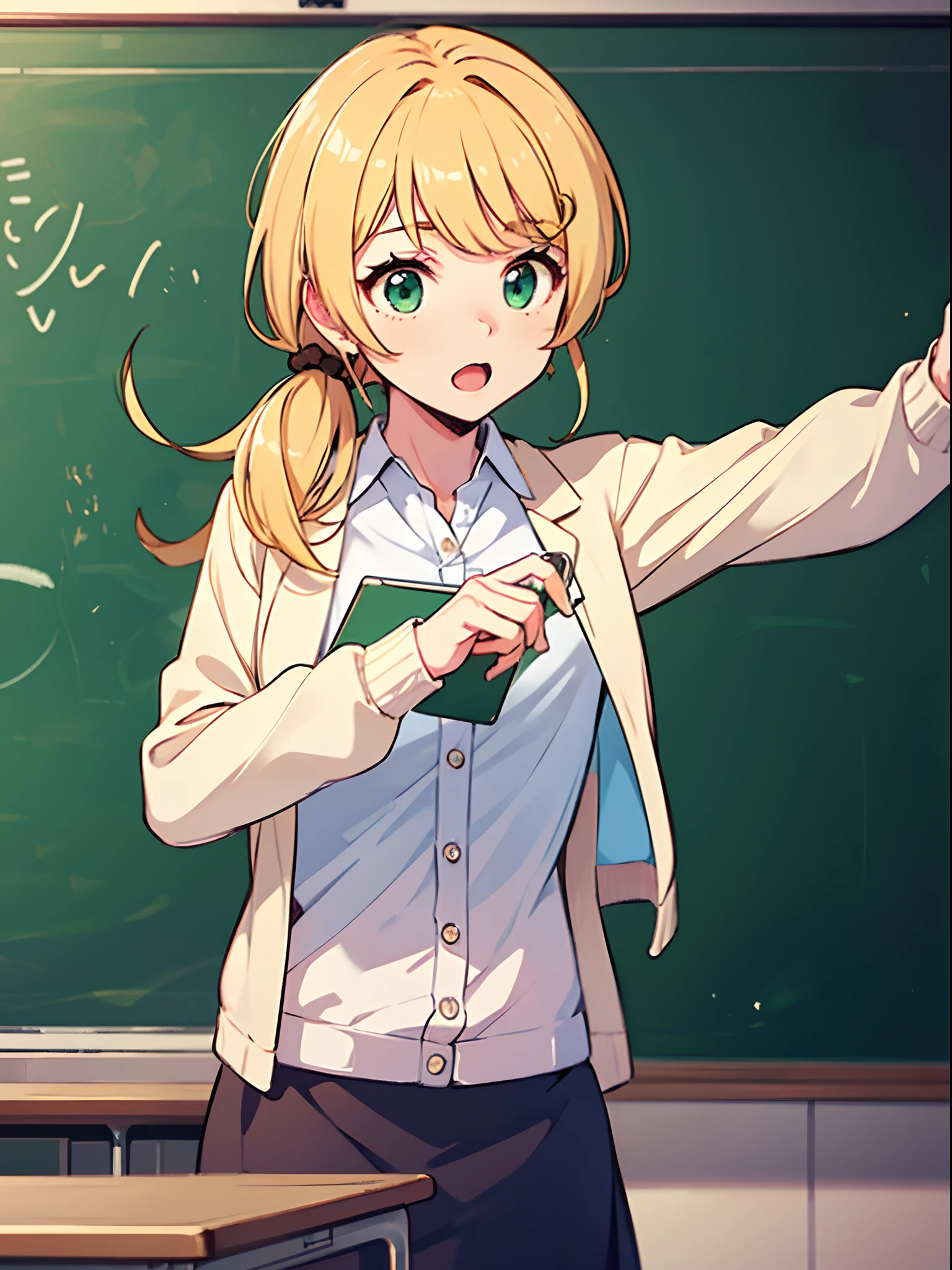 Anime style, Ellen baker, beautiful, green eye, blonde hair, white shirt, puffy button, ((dark blue outer)), short span, ((Brown span)), (background: classroom, chalk board), (masterpiece:1.2), (vibrant:1.2), very detailed, flawless art