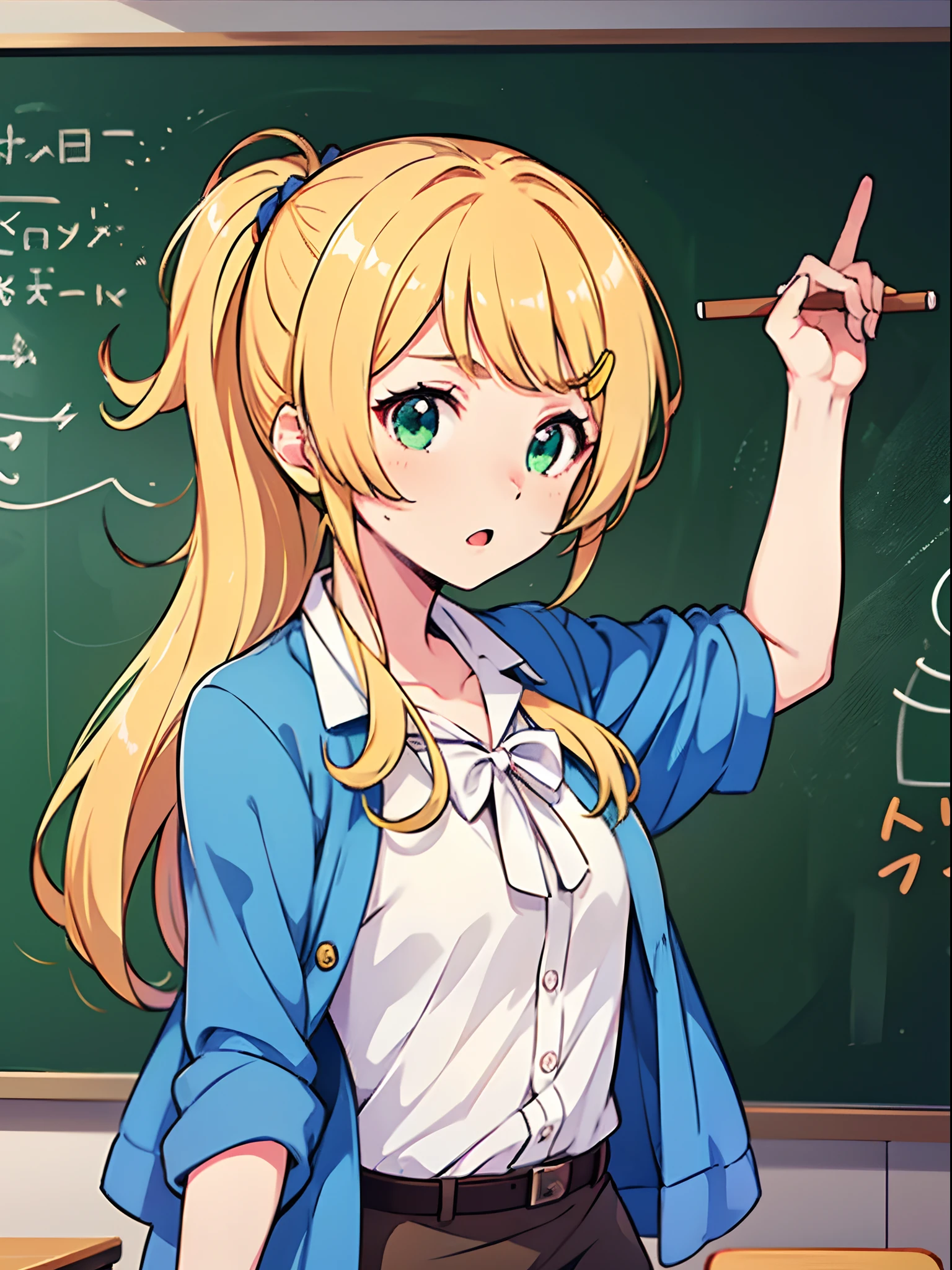 Anime style, Ellen baker, beautiful, green eye, blonde hair, white shirt, puffy button, ((dark blue outer)), short span, ((Brown span)), (background: classroom, chalk board), (masterpiece:1.2), (vibrant:1.2), very detailed, flawless art