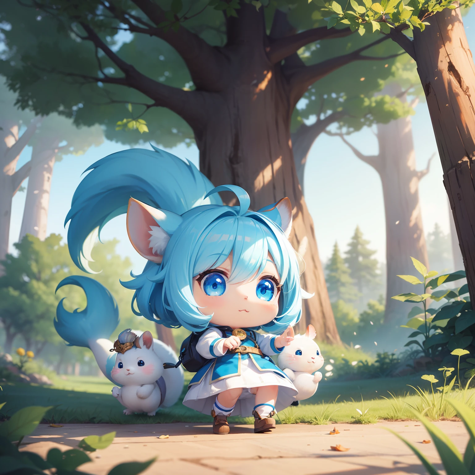 There is a small white squirrel with an acorn in his hand, Chibichara A cute girl with blue hair is also with me。It is a cute white and blue costume。Dark eyes。cute forest creature, Adorable Digital Painting, cute detailed digital art, the squirrel king, Cute digital art, cute cartoon characters, cute character, CuteCreatures, Cutie, official illustrations, Official art, squirrel, maplestory mouse, astri lohne, cute 3d render