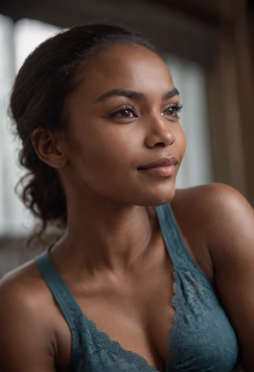 (editorial photograph of an 23 year old, melanesian woman), (slim top, cotton panties), (highly detailed face:1.4), (smile:0.9), (muscles:1.5), (sitting on the desk:1.2), (background inside dark, moody, private study, old furniture:1.1), (8k, uhd, dslr, high quality, cinematic lighting, bokeh), (dramatic, award winning photography, incredible masterpiece:1.3)