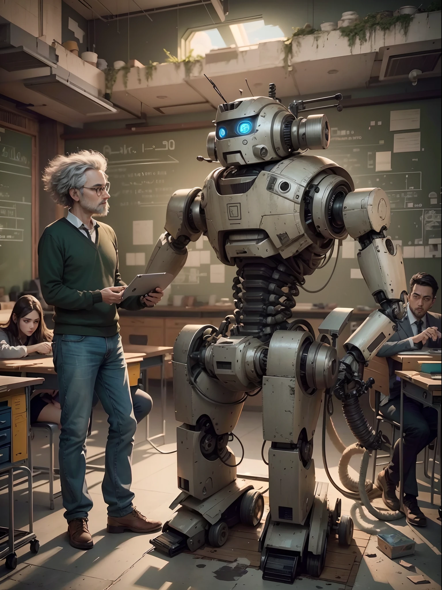 genius teacher,creating robot in classroom,perfect composition,(best quality,4k,8k,highres,masterpiece:1.2),ultra-detailed,(realistic,photorealistic,photo-realistic:1.37),HDR,UHD,studio lighting,ultra-fine painting,sharp focus,physically-based rendering,extreme detail description,vivid colors,sci-fi concept artists,dark and moody color palette,muted tones, scattered light