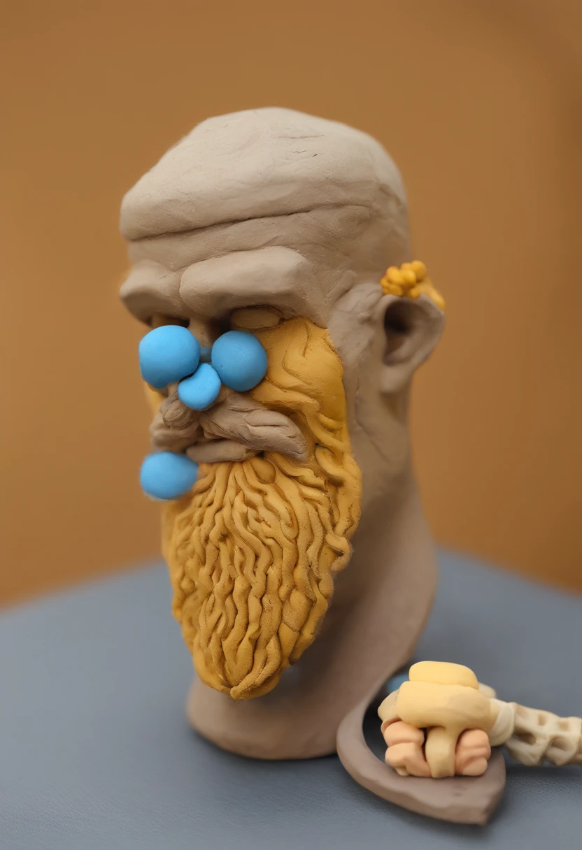Cabelos cacheados, barba crespa, tons de ocre e amarelo, amber and blue, close rosto, fundo desproporcional,