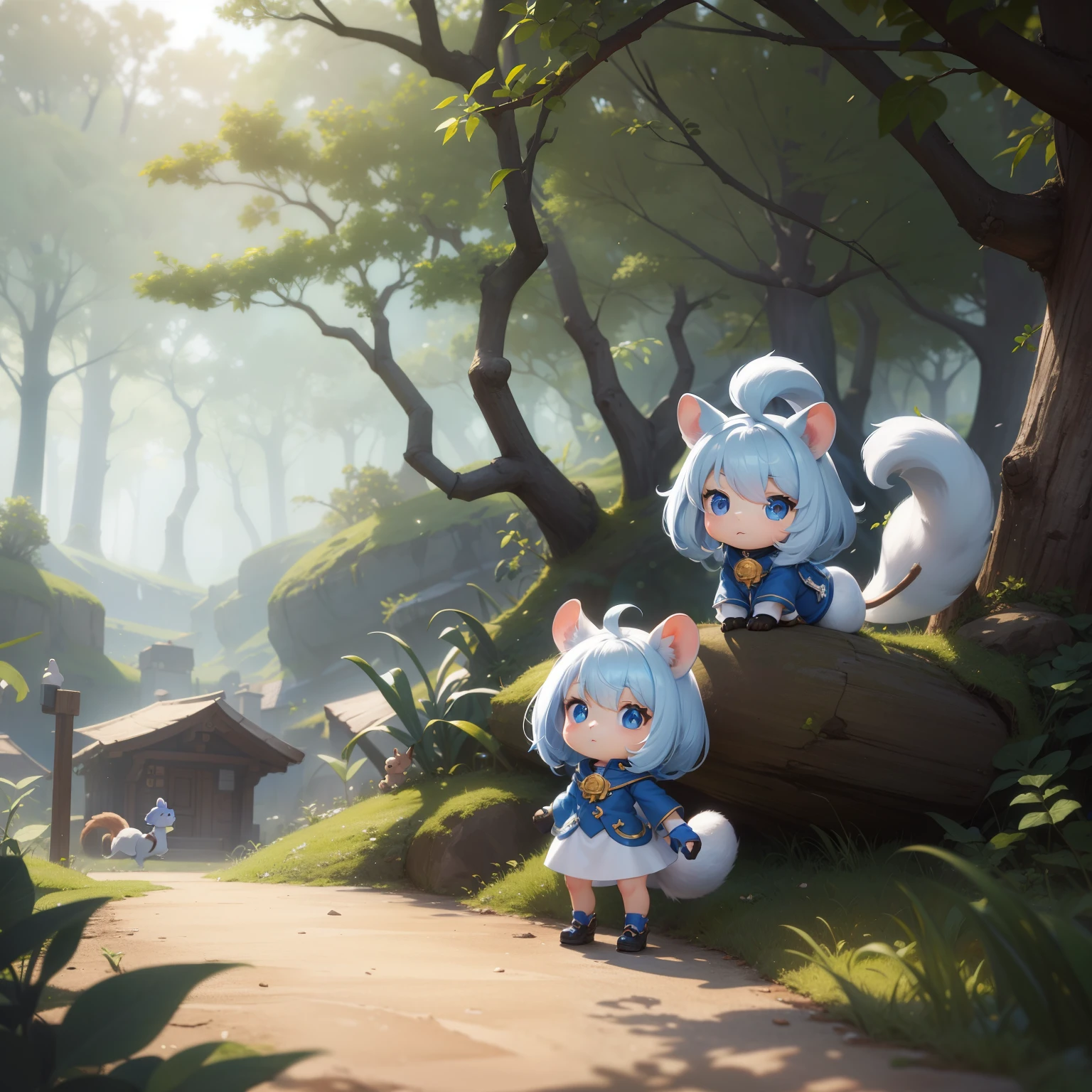 There is a small white squirrel with an acorn in his hand, Chibichara A cute girl with blue hair is also with me。It is a cute white and blue costume。Dark eyes。cute forest creature, Adorable Digital Painting, cute detailed digital art, the squirrel king, Cute digital art, cute cartoon characters, cute character, CuteCreatures, Cutie, official illustrations, Official art, squirrel, maplestory mouse, astri lohne, cute 3d render