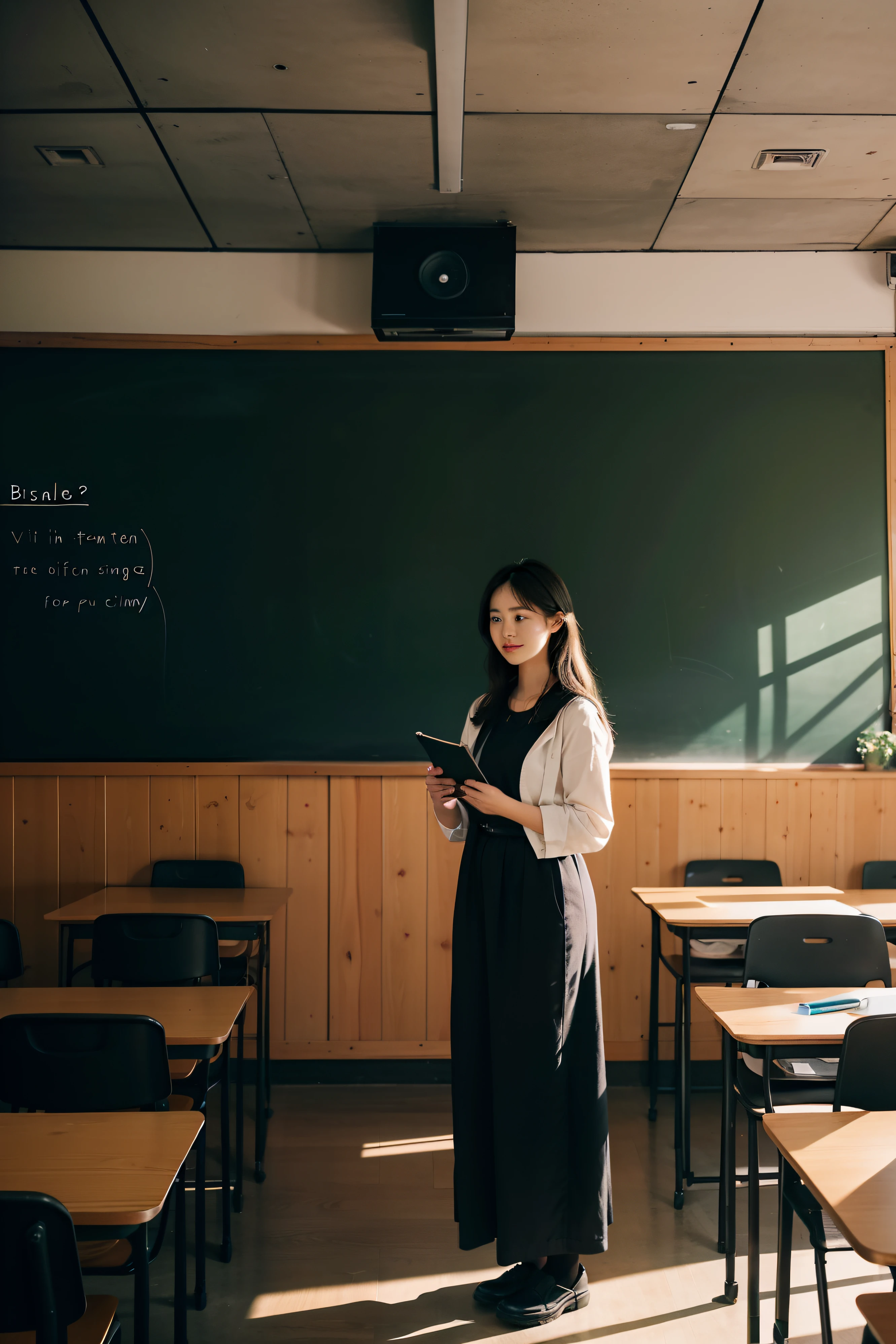 The teacher stands on the podium,Book in hand,Soft light，Point to the blackboard to explain，Under the podium are students who listen carefully，in class room，
