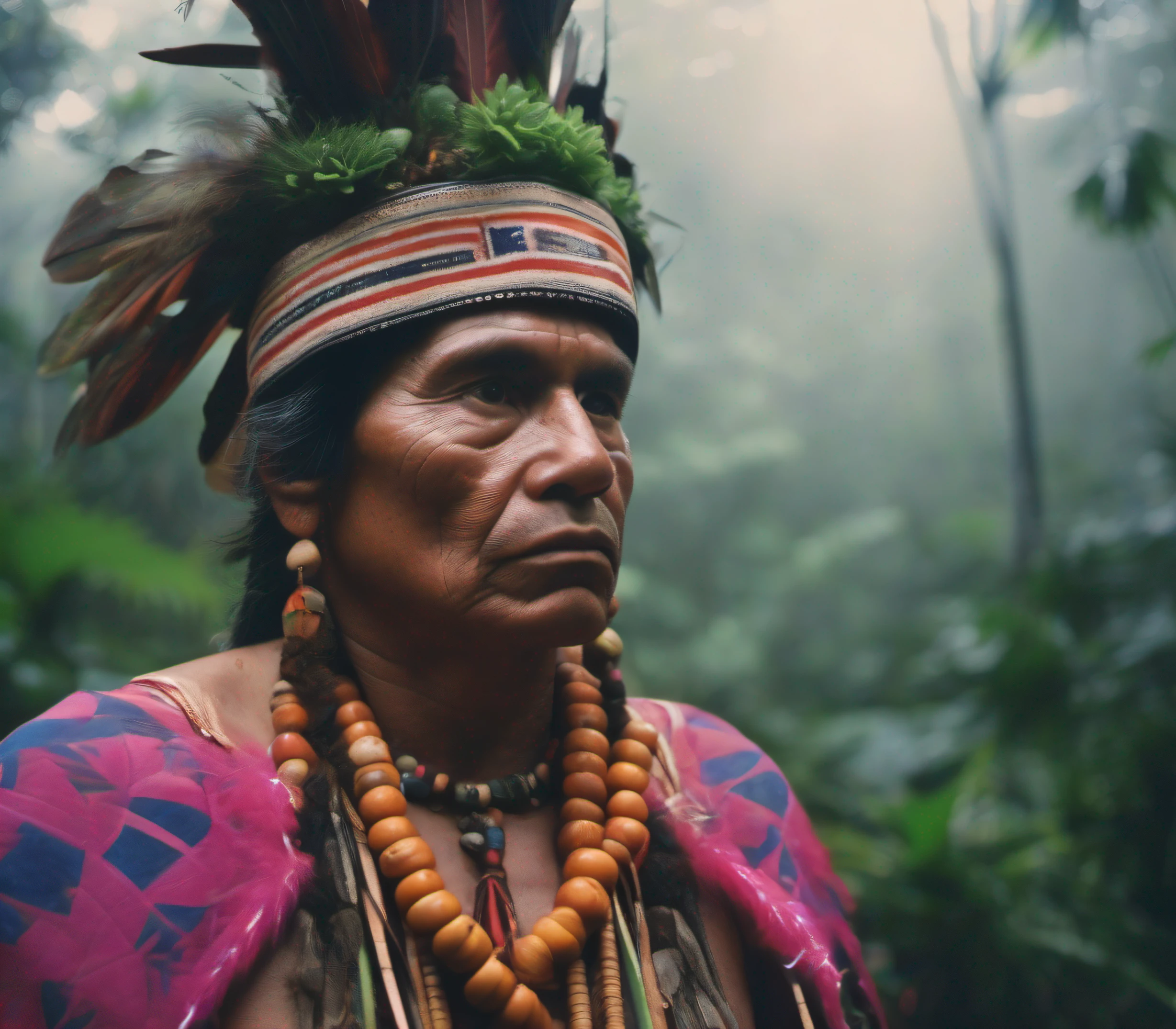 Latin American Indigenous Mystic Neblina Shaman Jungle Penetrating gaze Hyperrealistic photography