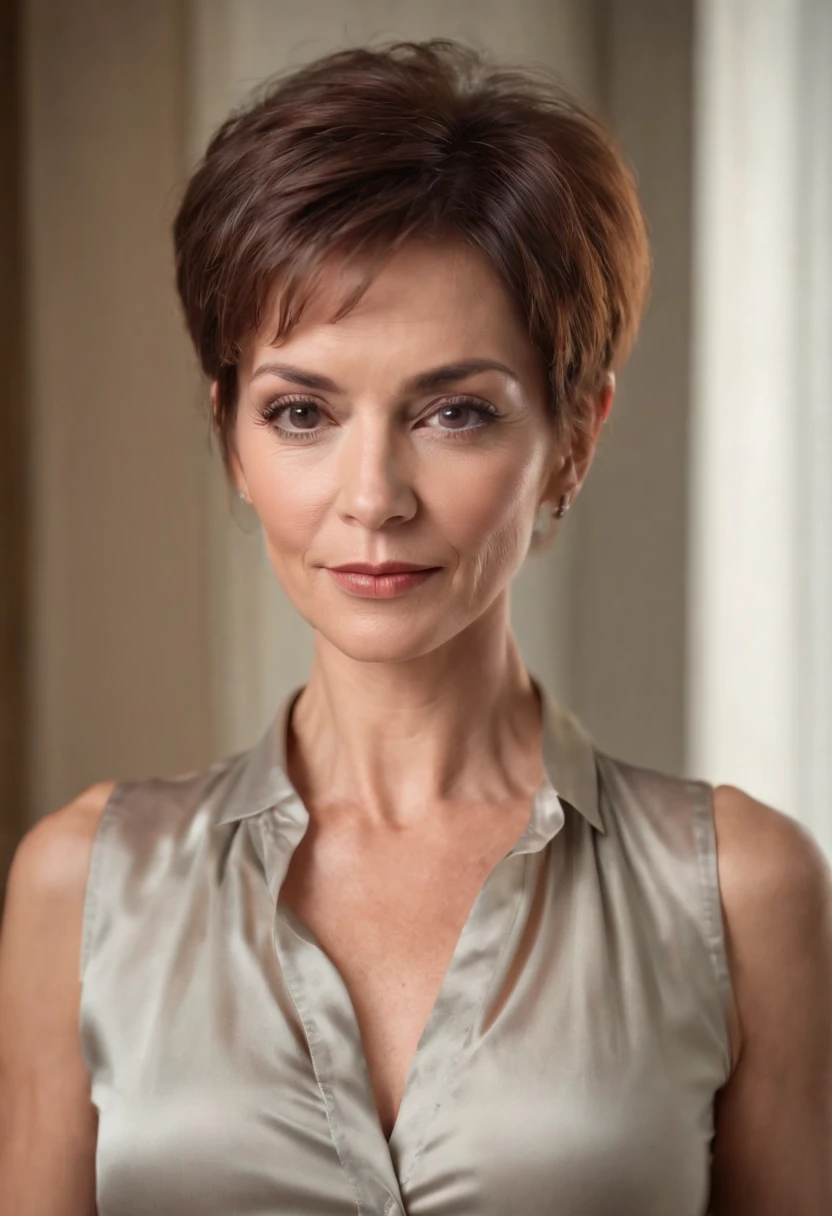 spectacled very short haircut older mature lady in unbuttoned silk fit stretched skimpy midriff-shirt, low-rise bellbottoms, sultry stare, (abs:1.4)