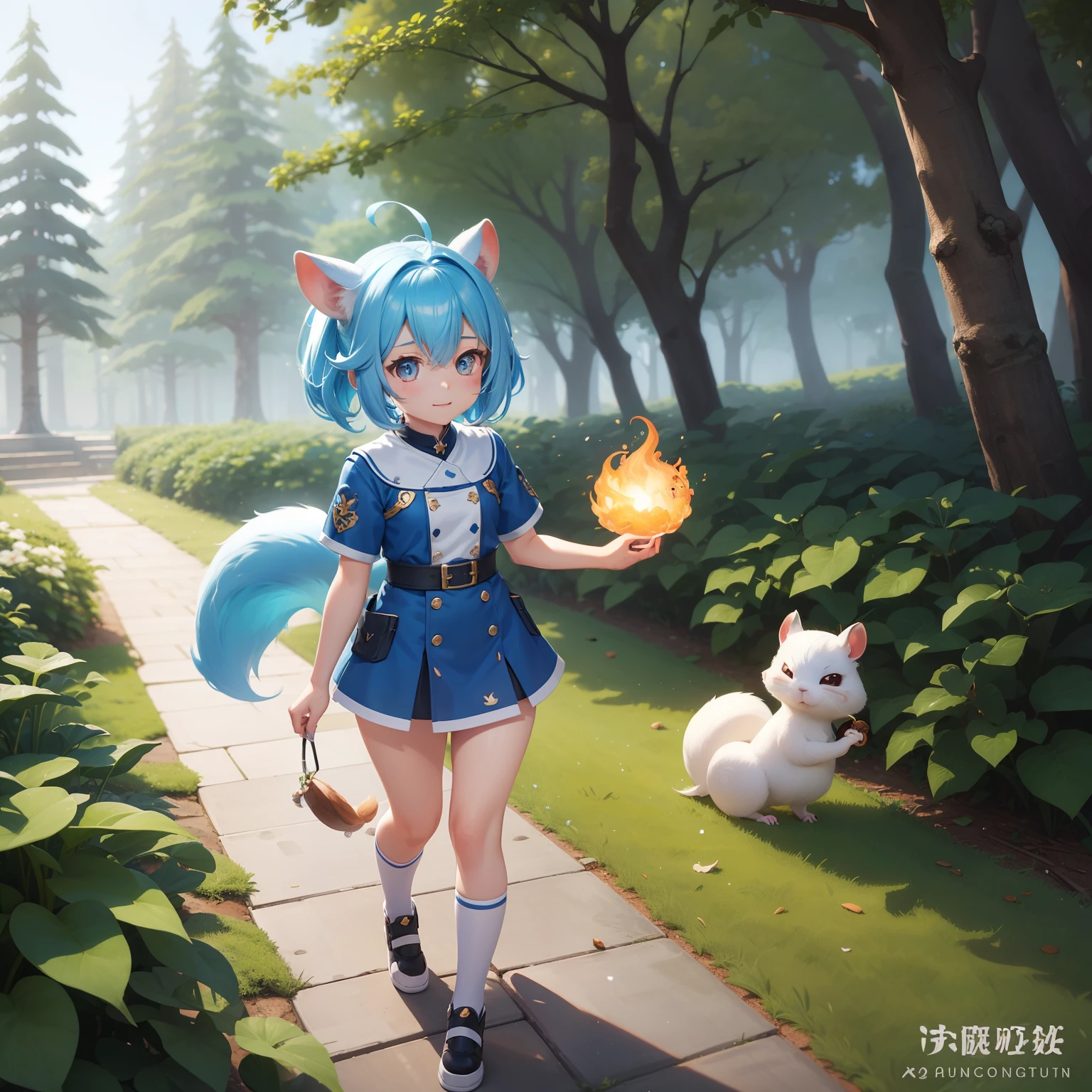 There is a small white squirrel with an acorn in his hand, Chibichara A cute girl with blue hair is also with me。It is a cute white and blue costume。Dark eyes。cute forest creature, Adorable Digital Painting, cute detailed digital art, the squirrel king, Cute digital art, cute cartoon characters, cute character, CuteCreatures, Cutie, official illustrations, Official art, squirrel, maplestory mouse, astri lohne, cute 3d render