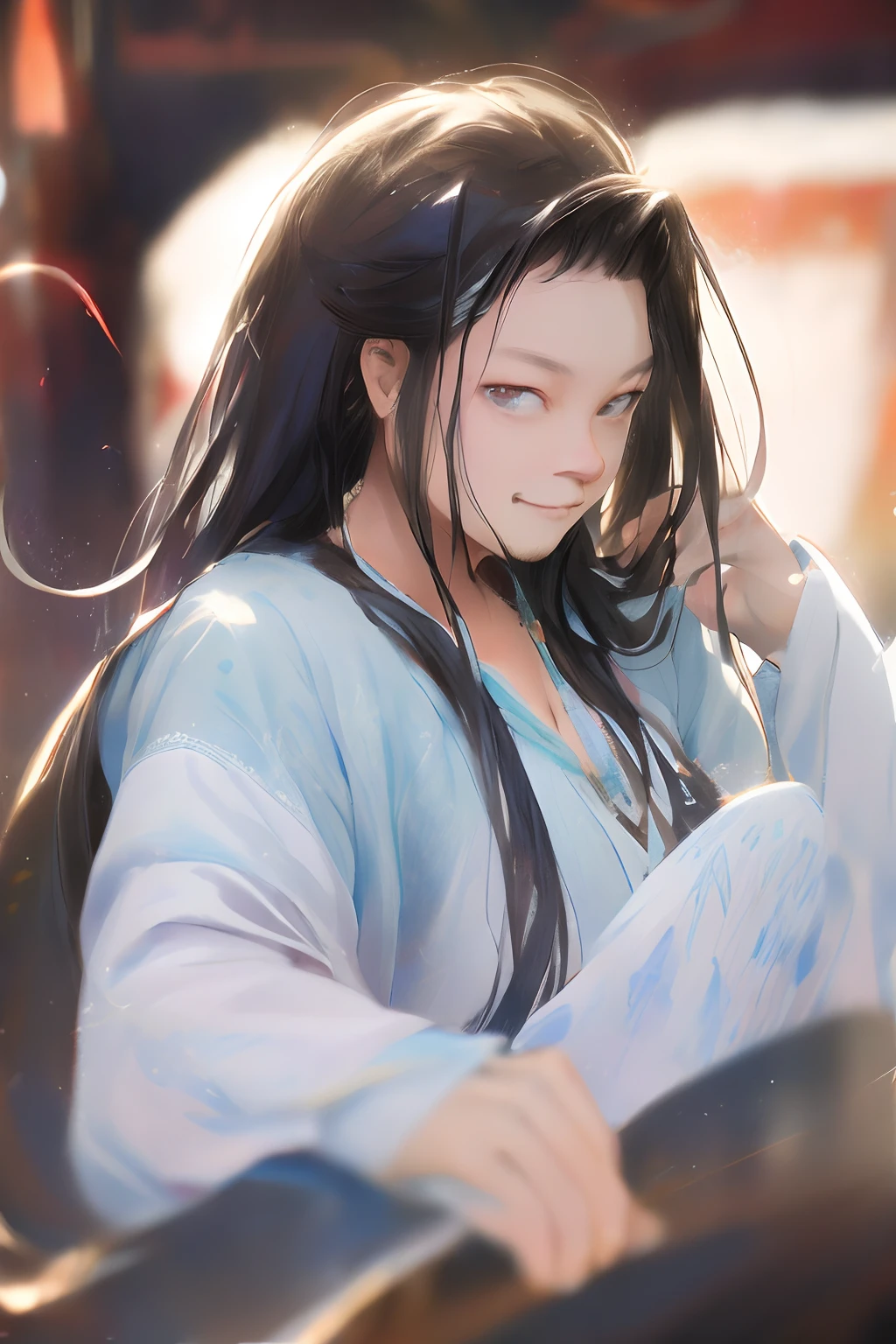 of a guy，long whitr hair，Black hair，Handsome，Deep eyes，looking back at the camera，ssmile，Bust，closeup cleavage，Wear Hanfu，Black Hanfu，Ancient wind，lumnious，Contour light，3/4 perspectives，The background is blurred out