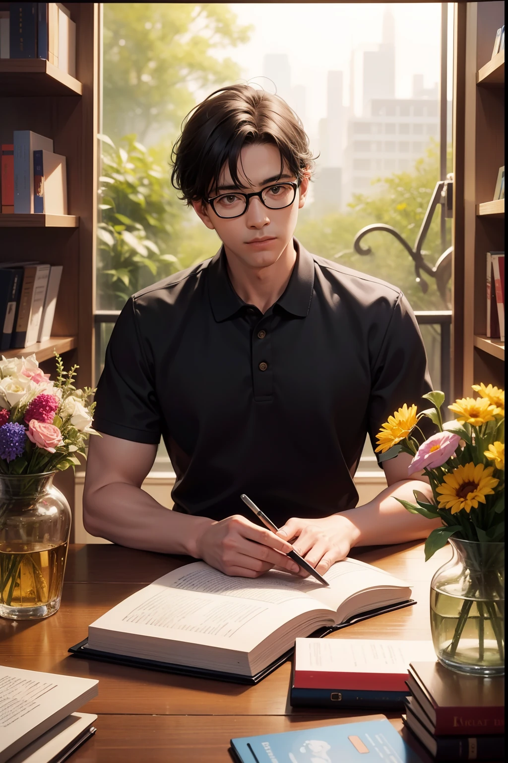A 40 year old teacher with glasses, surrounded by books, flowers in front of him, upper body camera