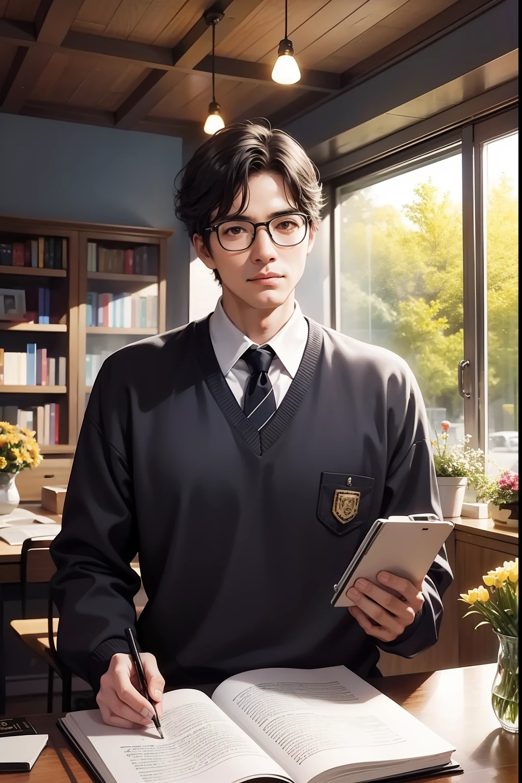 A 40 year old teacher with glasses, surrounded by books, flowers in front of him, upper body camera