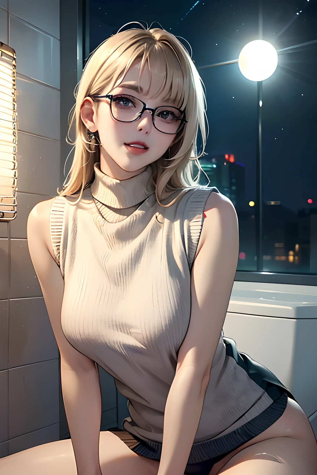 (masutepiece:1.3), High resolution, ultra-detailliert, the Extremely Detailed CG Unity 8K Wallpapers, Realistic, Photorealsitic, Raw photo, beautifull detailed face, pale skin, realistic glistening skin, Detailed Cloth Texture, detailed hair texture, Perfect body, Beautiful face, acurate, Anatomically correct, Highly detailed face and skin texture, Natural neck length, (Beautiful hands), (Fair skin:1.2), thin legs, Thin feet,
BREAK,
Detailed eyes, symmetrical eye, Light brown eyes, Double eyelids, Thin eyebrows, (Glossy lips:1.4), (gently smiling:1.2),
BREAK,
(NSFW:1.2), (Classy and cute girl:1.3), (1 girl, One girl), ((Wearing a violet sleeveless turtleneck mid-riff sweater:1.3)), (White pleated mini skirt), (long boots), (Wearing glasses:1.1), ((Show below:1.3)),
(medium large breasts, Slender figure, Firm abs, firm breasts:1.2), Beautiful collarbone,
(Blonde hair, Wavy Hair, Long hair:1.2), ((asymmetrical bangs:1.2)),
BREAK,
((Sitting cross-legged leaning against the toilet:1.2)), ((Show me a little panties:1.2)), (From Side:1.1), (looking side at viewer:1.2), ((Focus on Face:1.2)),
((Interior of a private toilet in a modern office at night:1.2)), (Cowboy Shot:1.2),
