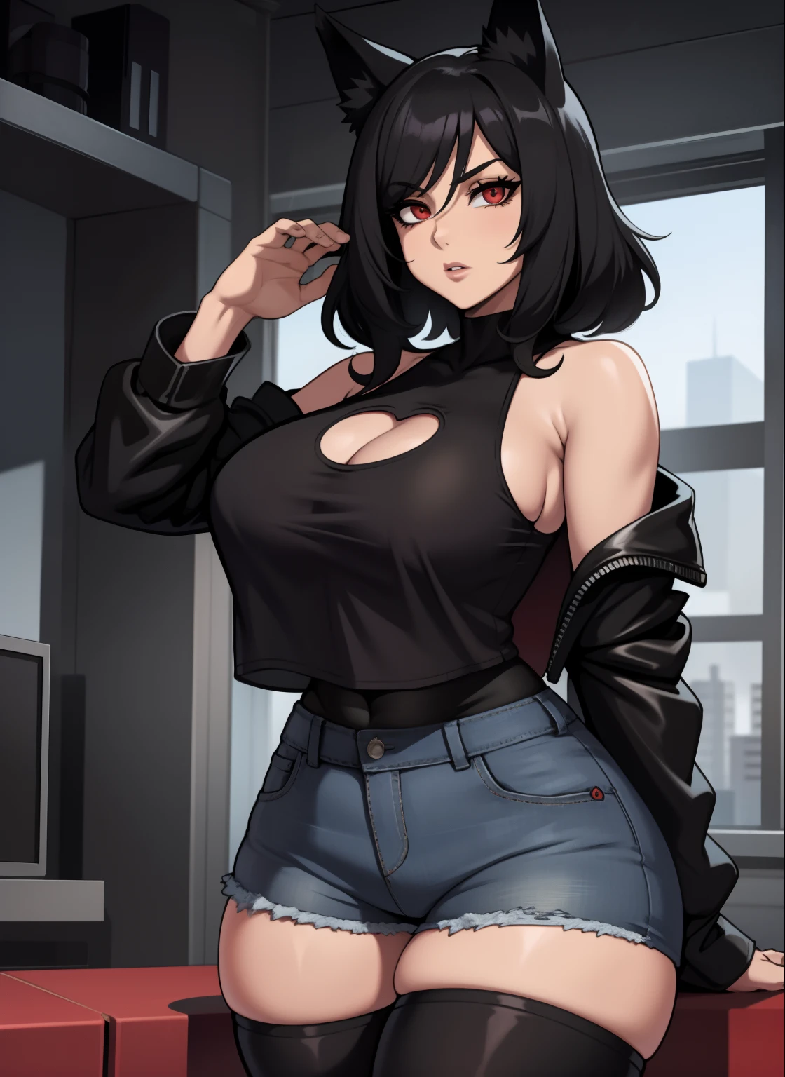 Single woman, anime woman, Hourglass figure, Short, long black hair, dog ears, red eyes, short jeans, thigh high socks, black combat boots, open black jacket, big chest, tank top, solo woman, only one woman