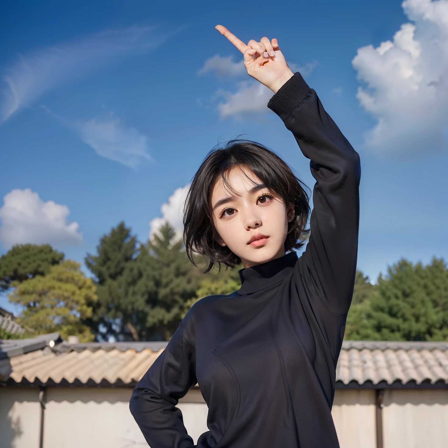 1 girl, named Shoko Eiri from the anime Jejutsu Kaisen, short brown hair, dark blue sweater, brown eyes, thick eyebrows, long eyelashes, sharp nose, medium chest size, pose with arms raised, 1 finger pointing upwards, Realistic background HD, house roofs and trees