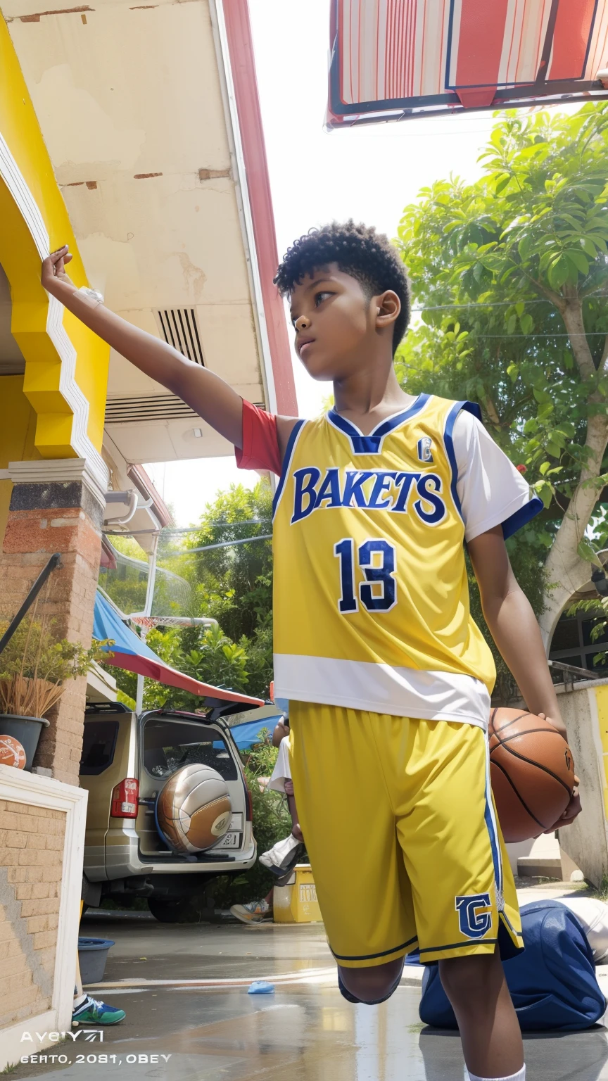 a young boy , age 10 ,14 years old ,wearing a basketball jersey,holding a basketball ball.