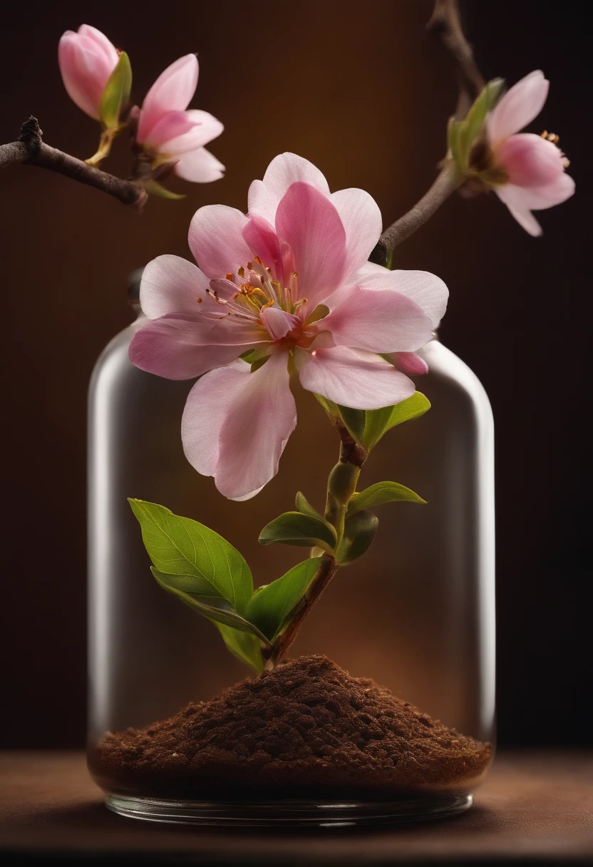 full body hyper realistic photograph of almond flower plant, soil filled glass jar, highly detailed, colorful, sharp focus, dramatic lighting, head room