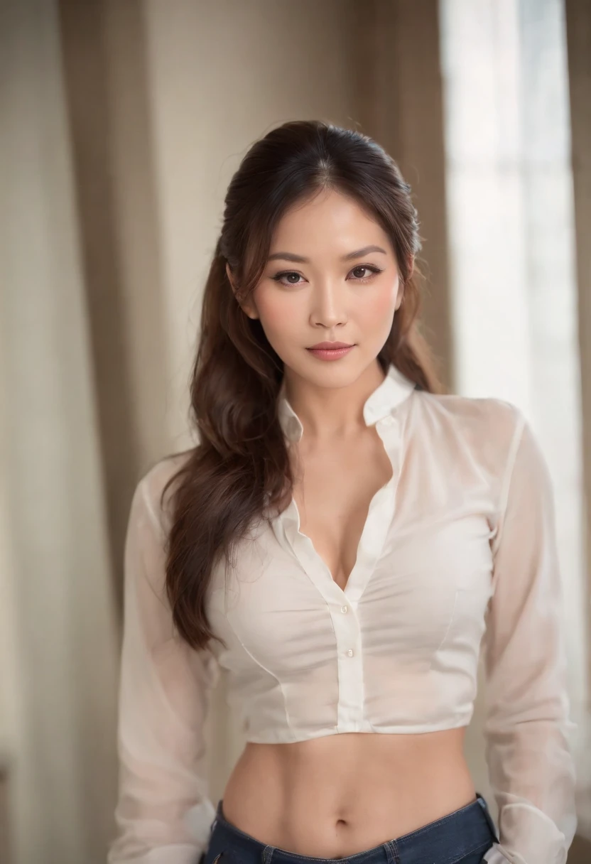 spectacled very long ponytail hair, older mature asian sexy woman in unbuttoned silk fit stretched skimpy midriff-shirt, low-rise tight jeans bellbottoms, sultry stare, (welll defined abs:1.4), (feminine muscles:1.3), fit body for a middle aged woman, super sexy