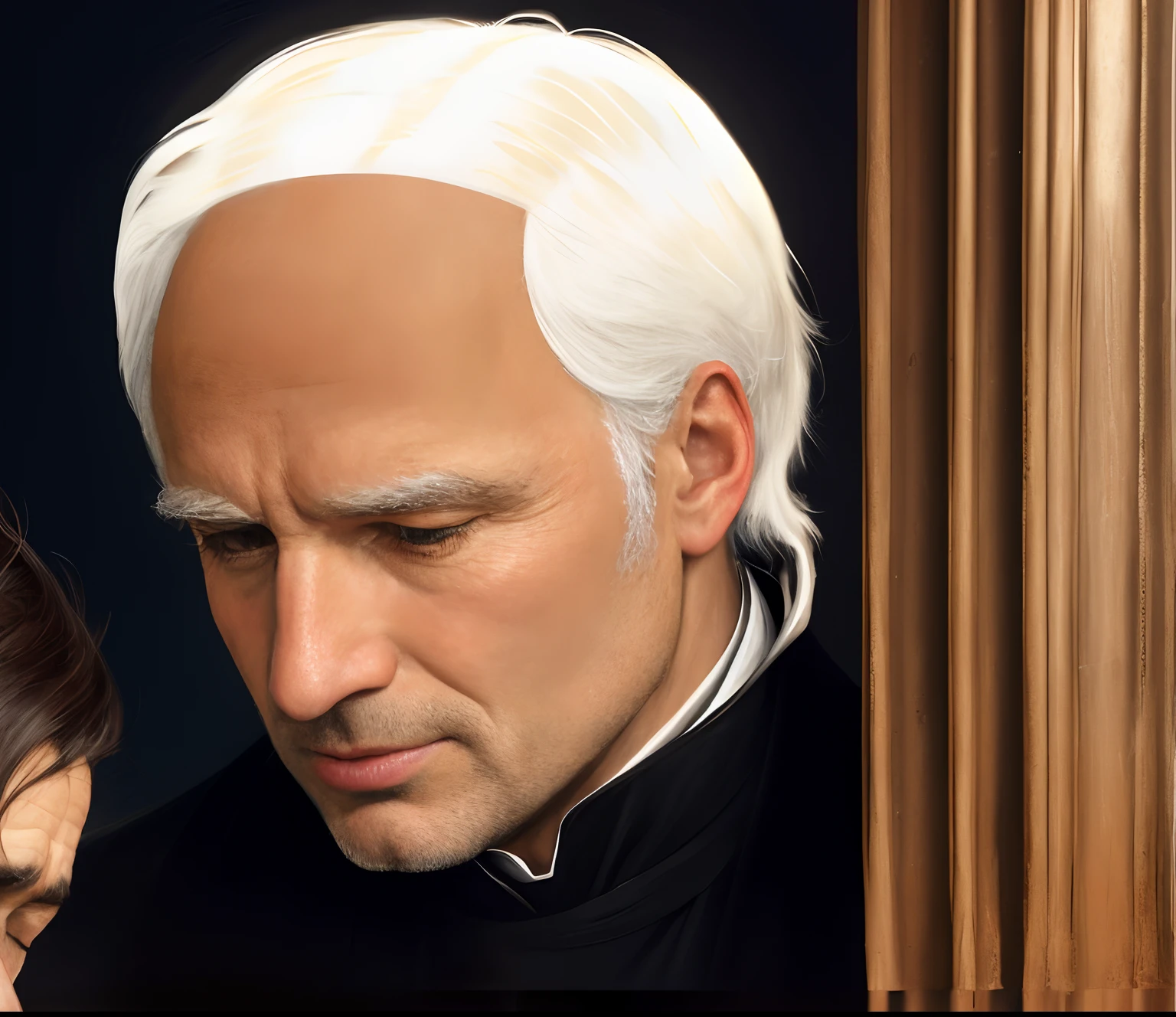 homem loiro com cabelos brancos e uma jaqueta preta olhando para uma mulher, escultura realista de 8k bernini, inspired by Théodore Chassériau, inspirado em Ed Benedict, Retrato do Santo Padre, retrato realista do renascimento, inspirado em Cagnaccio di San Pietro, inspirado em Peter Snow, inspirado em Giovanni Bernardino Mazzolini, pintura digital renascentista