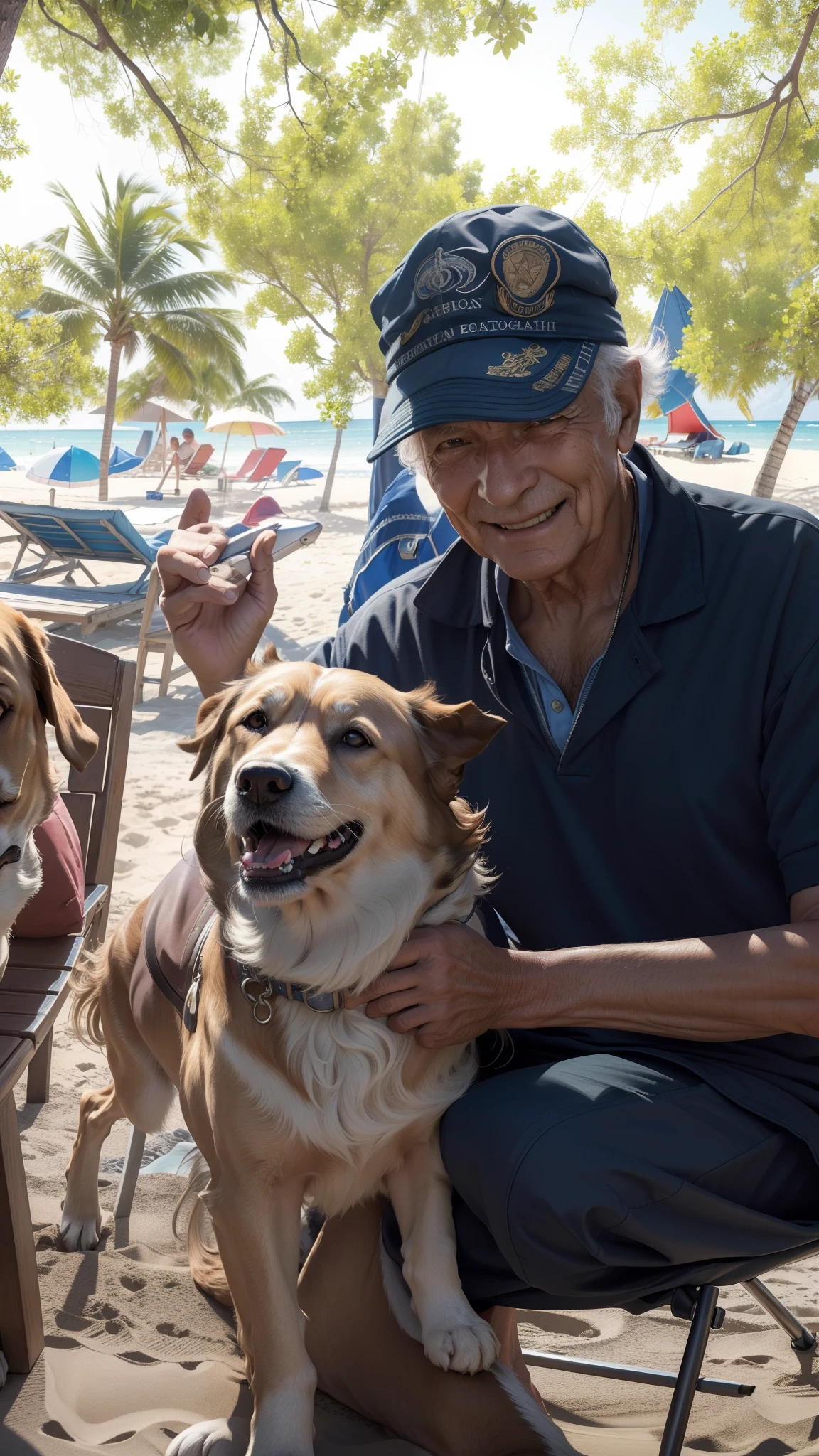 masterpiece, Best Quality, photorealistic, ultra-detailed, finely detail, high resolution, 8K wallpaper, 1 old man and 1 dog, perfect dynamic composition, beautiful detailed eyes, smiling happily on the beach, close-up, 80 years old, look at camera
