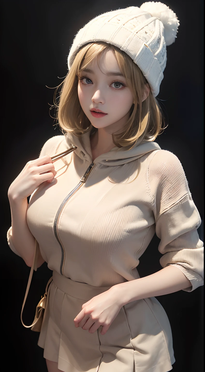 (masuter piece:1.3)、(8K、Photorealsitic、Raw photography、top-quality: 1.4)、(1girl in)、beautiful countenance、(Lifelike face)、(Light Beige Mixed Hair、short-hair:1.3)、(Busty Boobs)、Wearing a mini mini skirt、Hoodie without front closure 、((Sexy clothes))、Beanie、Wearing a knitted cute pom-pom hat、(Display hats on the screen)、realisticeyes、Beautiful details、(real looking skin)、Beautiful skins、absurderes、enticing、超A high resolution、A hyper-realistic、high-detail、the golden ratio