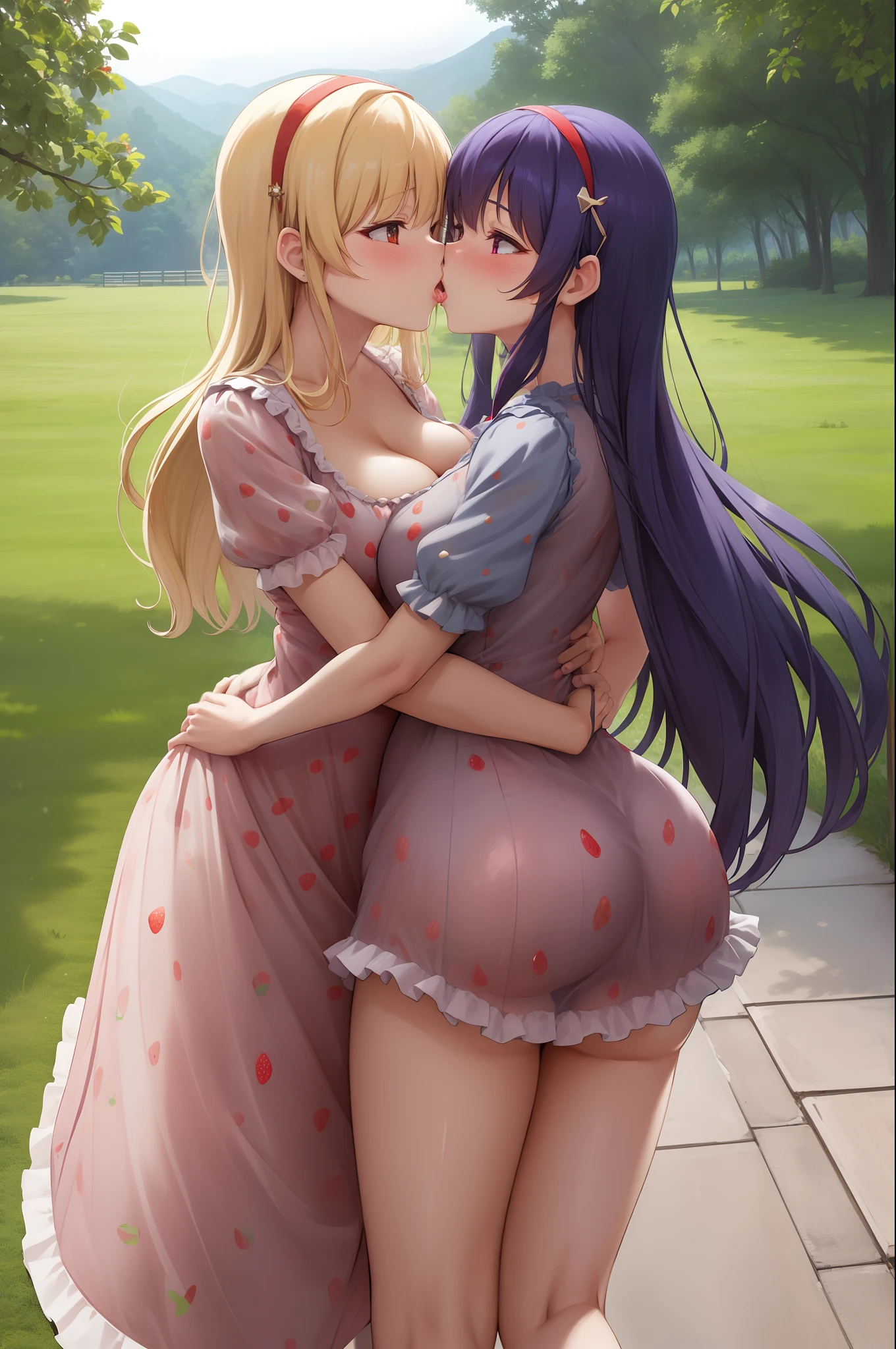 2girls, kiss,hug,masterpiece, best quality,nsfw, highres, cowboy shot sumire1, hairband, long hair, dress ,clothing ,strawberry dress, outdoors, y, sexose, sexualal,(lips:0.6), standing, red face,big breasts, cleavage,ass holding, (s),ass
