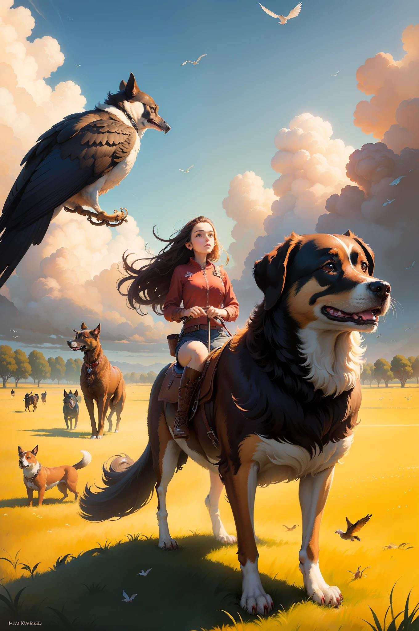A painting depicting a girl and two dogs in a field with birds flying overhead, author: RHADS, inspired by RHADS, Background illustration, concept art | Rads, Rads!, Rads!!!, New book cover, Android Jones and Reds, Alexander Kuharsky, Reds and Lois van Baerle, Igor Grabar
