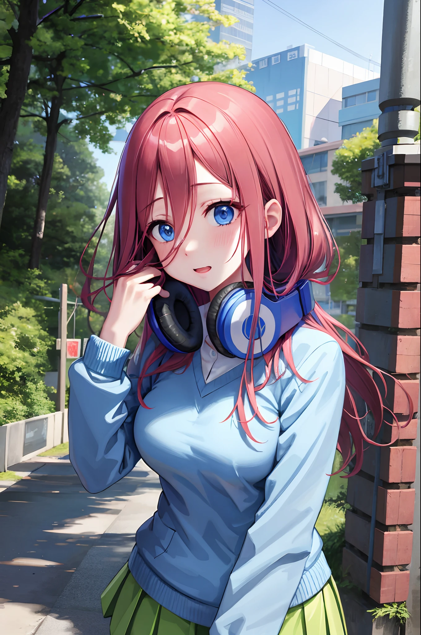 best qualtiy、masterpiece、nice hand、perfect hand、Miku Hiking、embarassed face、Medium breasts、Blue cardigan、County Road
