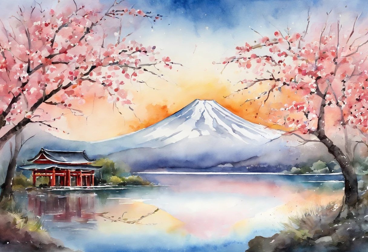 Mt fuji、snow mountains、jpn、cherry trees、A path lined with flourishing cherry blossom trees、lake、reflection、A Japanese style、Spring、hight resolution、​masterpiece