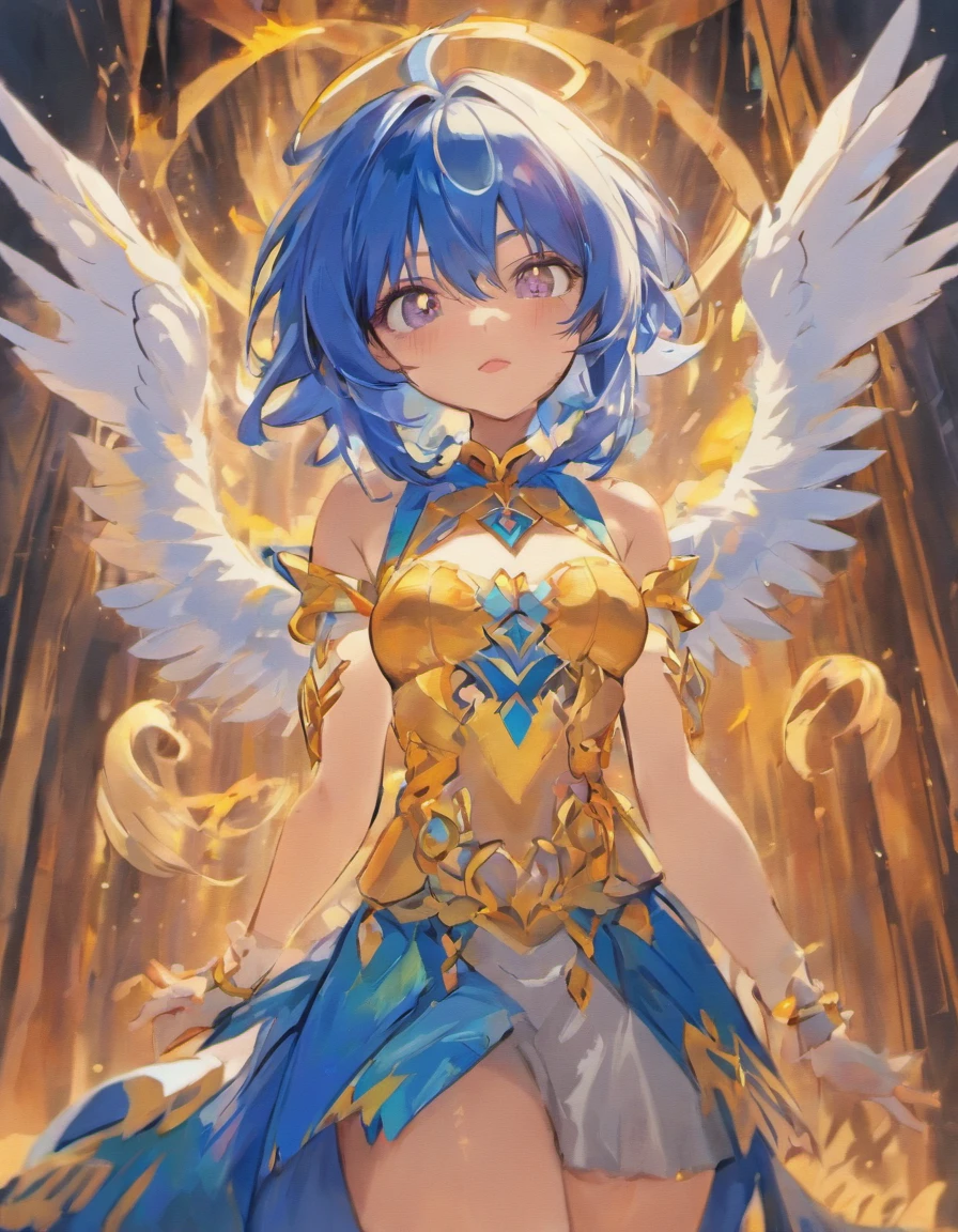 alegre, Blue Harpy Girl, Alas azules, dark brown claws, cabello azul muy corto hasta la oreja, ojos dorados, Parte superior del tubo blanco, Pantalones cortos negros, Large blue bird wings, They are smiling, Chica sola. Mostrando vientre, flaco. Bluebirdtail. harpy. Characteristics similar to those of birds, Cielo, obra maestra, mejor calidad, piel palida, chica ave, chica anime.
