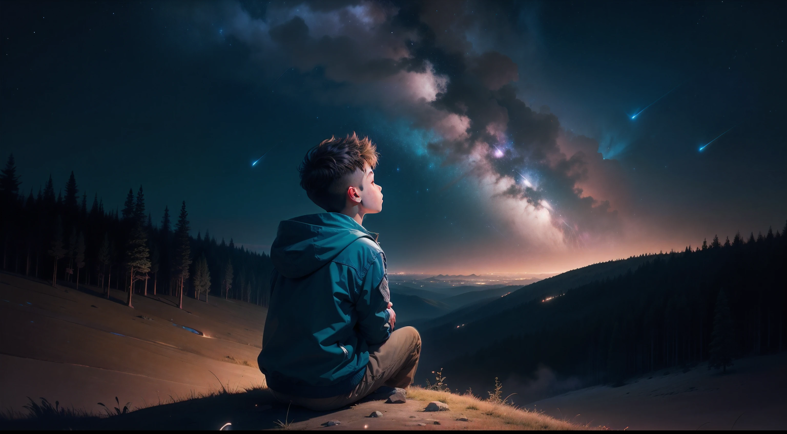 1 young boy sitting on a hill and looking up at a vibrant night sky of shooting stars, forest, moody, facing away, astrophotography, atmospheric moonlight, highres, distant city, Size
1600X900