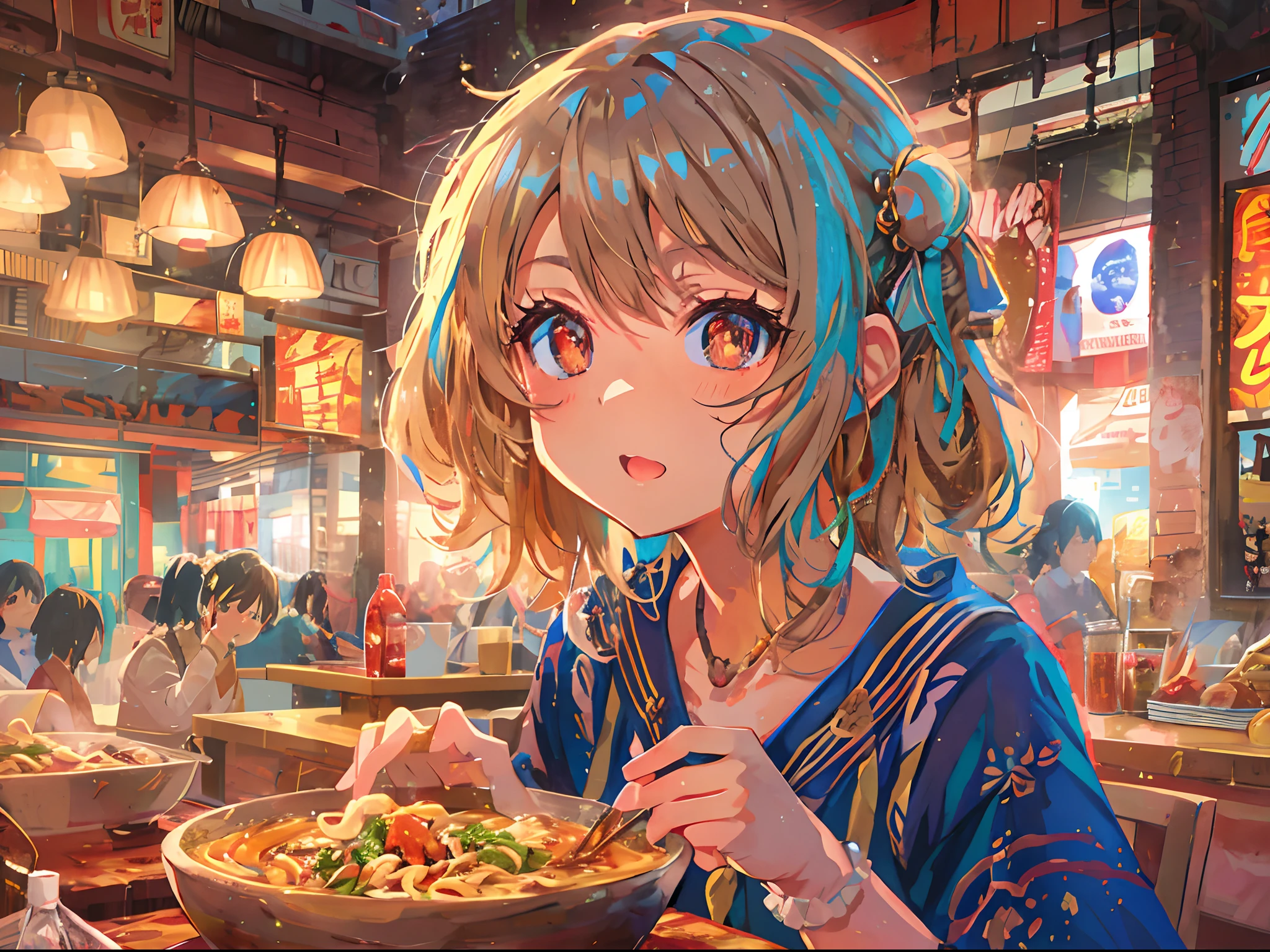 Anime girl tasting curry udon noodles, The style is detailed and realistic, The light should be bright and pleasant, Highlight the girl's content expression, Colors should be vibrant and attractive, Curry udon noodles stand out, Medium shot, Capture scenes of girls in a dining setting