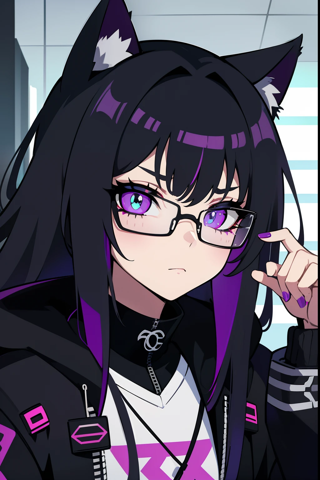 Cyberpunk menina roxo gamer hacker, with glasseswith cat ears, com 20 anos de idade, olhos roxos brilhando, Cabelo tamanho medio preto Chanel com pontas roxa, and serious expression