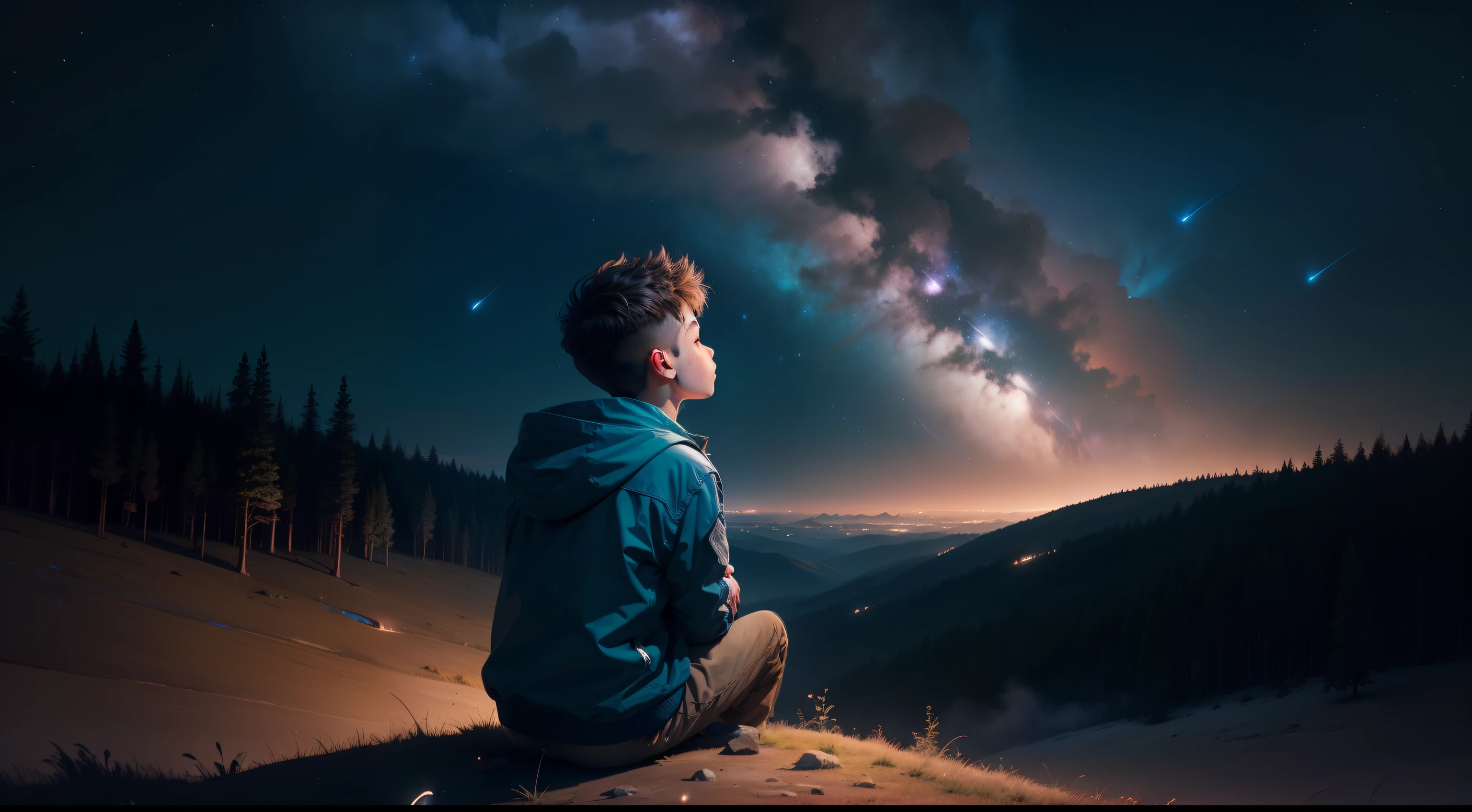 1 young boy sitting on a hill and looking up at a vibrant night sky of shooting stars, forest, moody, facing away, astrophotography, atmospheric moonlight, highres, distant city, Size
1600X900