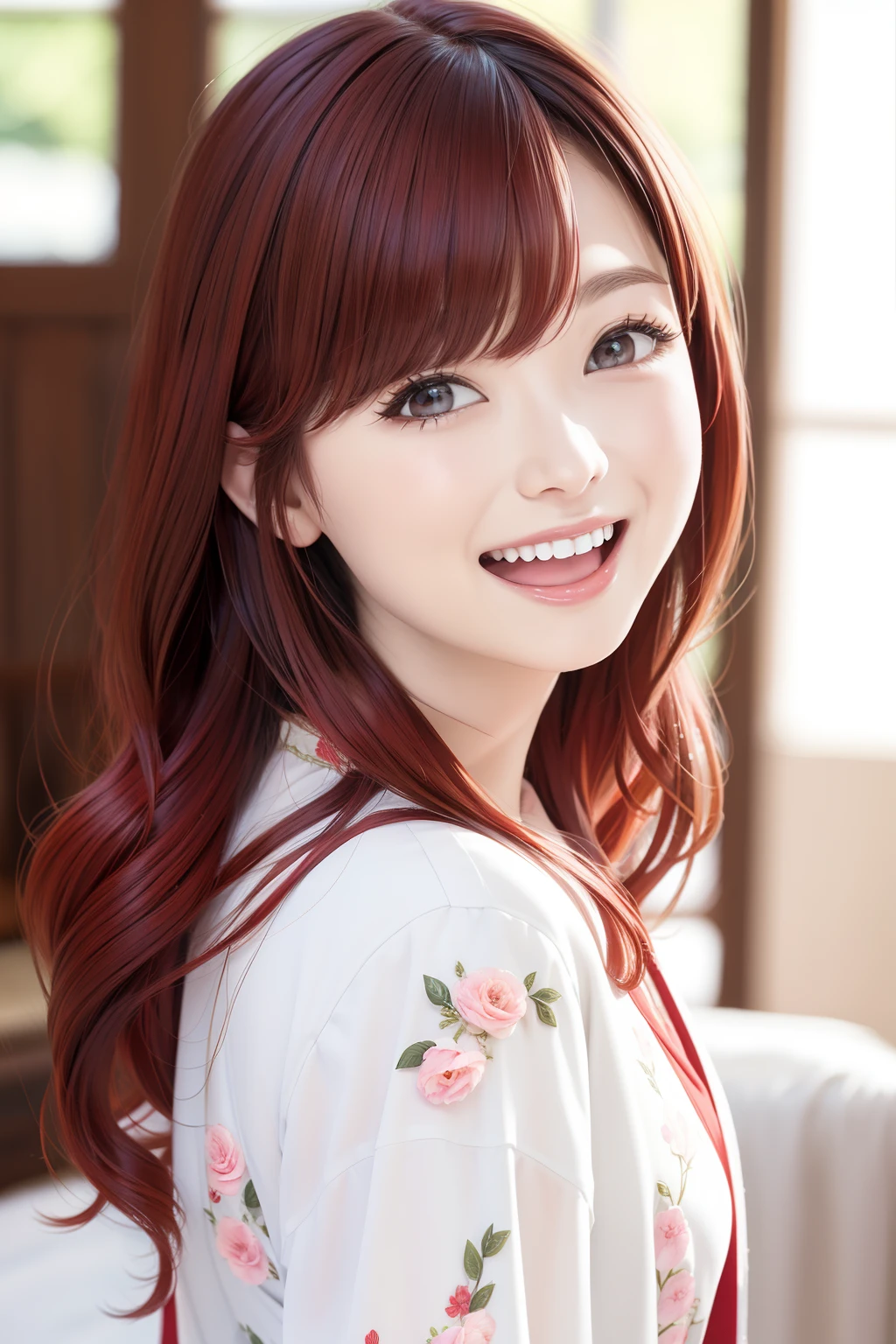 from the front side、Red hair、Long hair、Side tail、bustshot、Hair tied at the side、Princess、robe blanche、floral embroidery、Laughing out loud with open mouth、a smile、Looking from the front、