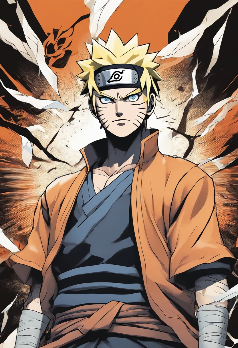 Naruto Uzumaki, colored, manga style,charismatic and determined expression, headband with the Konoha symbol, spiky blonde hair, vibrant blue eyes, orange jumpsuit, energetic pose, shadow clones in the background, intense fighting scene, dynamic action, powerful rasengan, dramatic lighting, vivid colors, detailed background, rugged mountains. (best quality, 4k, highres), [realistic], matte finish, bold lines, comic book style, vibrant color palette.