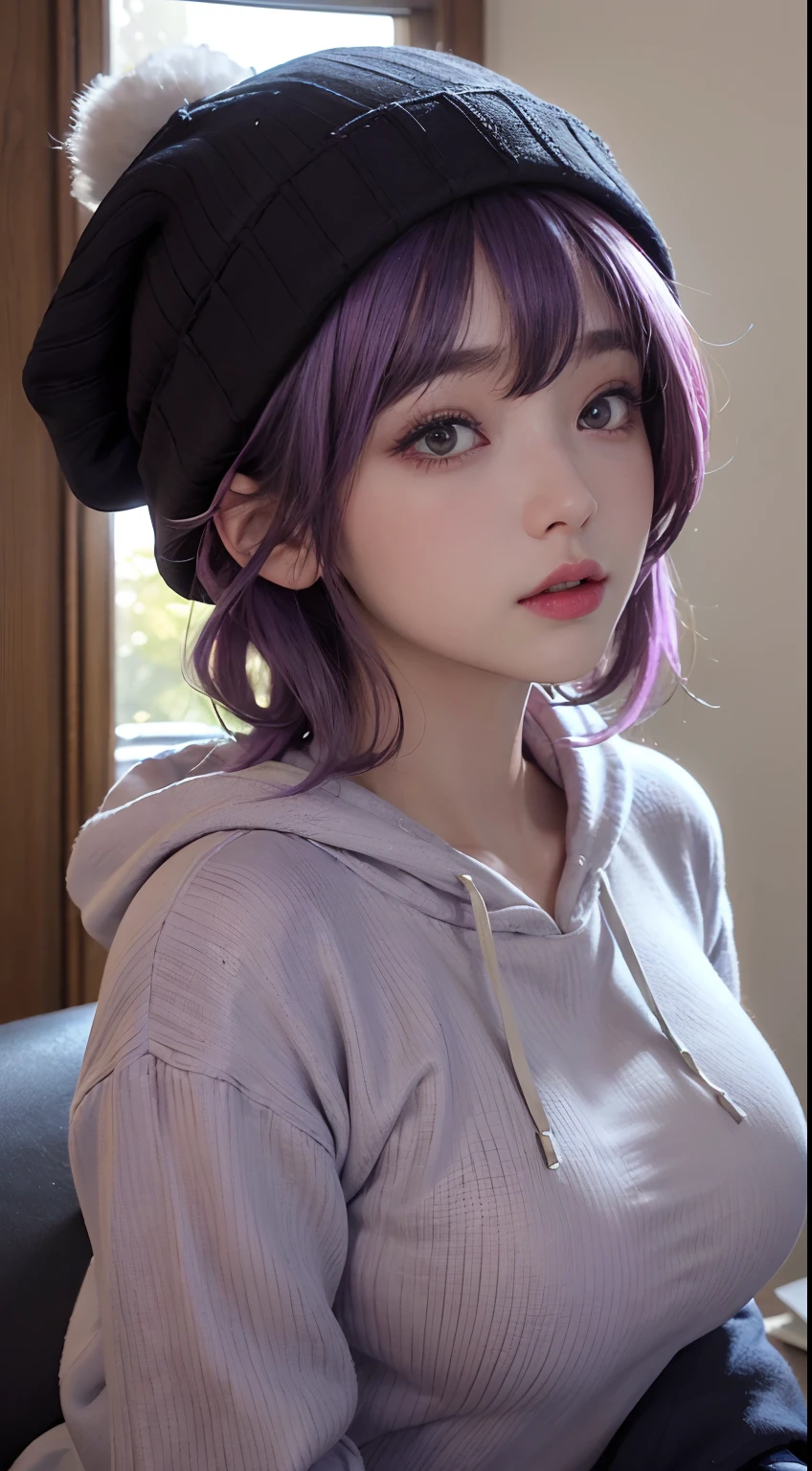 (masuter piece:1.3)、(8K、Photorealsitic、Raw photography、top-quality: 1.4)、(1girl in)、beautiful countenance、(Live-action photography)、(are visible)、(Ash-purple two-tone hair、short-hair:1.3)、(Busty Boobs)、Hoodie without front closure、((Sexy clothes))、Beanie、Wearing a knitted cute pom-pom hat、(Display hats on the screen)、realisticeyes、Beautiful details、(real looking skin)、Beautiful skins、absurderes、enticing、超A high resolution、A hyper-realistic、high-detail、the golden ratio