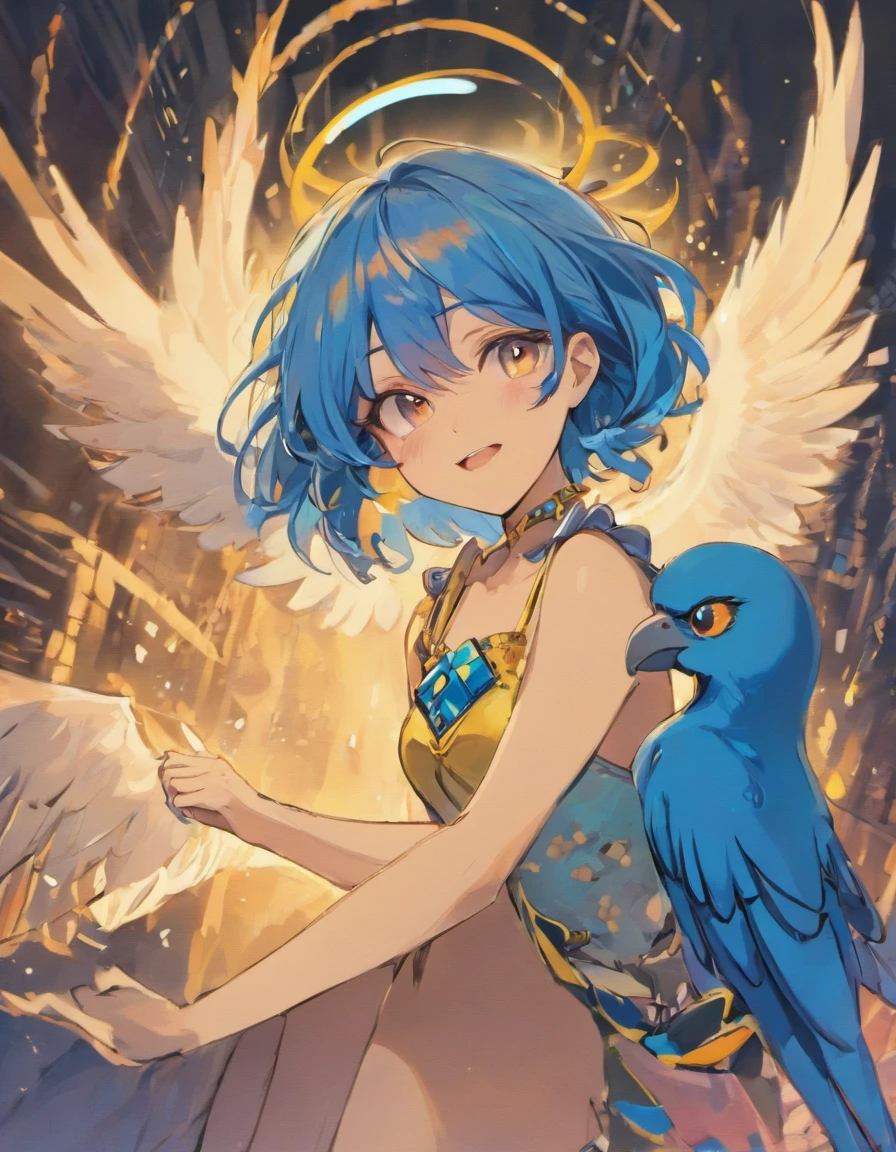 alegre, Blue Harpy Girl, alas azules, dark brown claws, cabello azul muy corto hasta la oreja, ojos dorados, Parte superior del tubo blanco, pantalones cortos negros, Large blue bird wings, They are smiling, Chica sola. Mostrando vientre, flaco. Bluebirdtail. harpy. Characteristics similar to those of birds, cielo, obra maestra, mejor calidad, piel palida, chica ave, Chica anime.