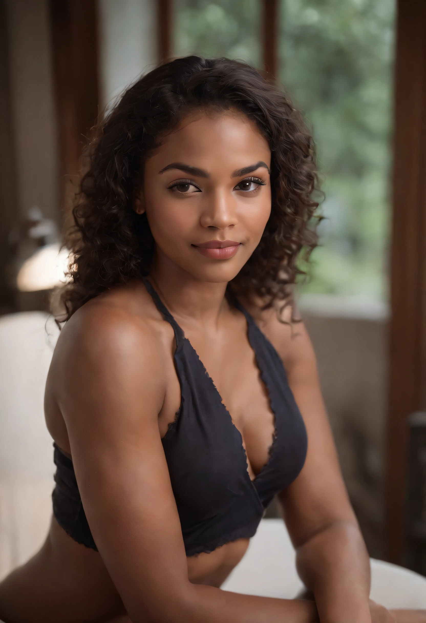 (editorial photograph of an 23 year old, melanesian woman), (slim top, cotton panties), (highly detailed face:1.4), (smile:0.9), (muscles:1.5), (sitting on the desk:1.2), (background inside dark, moody, private study, old furniture:1.1), (8k, uhd, dslr, high quality, cinematic lighting, bokeh), (dramatic, award winning photography, incredible masterpiece:1.3)