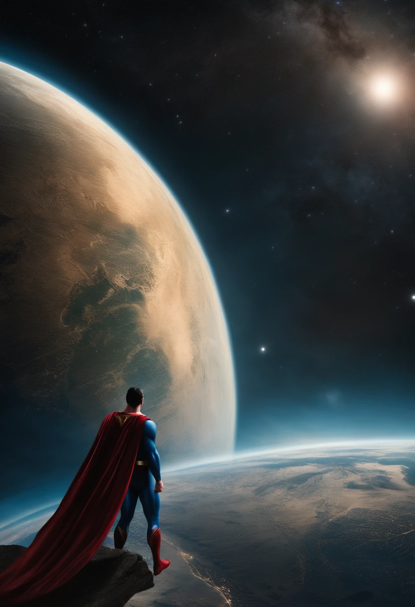 A superman in space(backside look of Superman), looking at Earth.