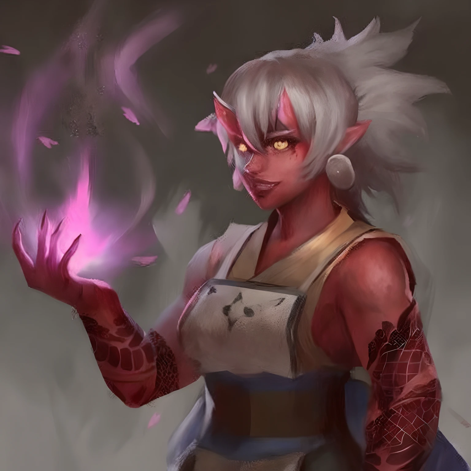 um desenho de uma mulher com cabelos brancos e uma luz rosa, Caractere DND, Retrato de um personagem DND, arte do personagem dnd, como um caractere dnd, dnd retrato da arte do caractere, dungeons and dragons character, Retrato de Caractere DND, Personagem de fantasia dnd, dnd retrato, pintado no estilo arcano, Samira de League of Legends, arte do personagem de fantasia dnd, retrato do conceito do caractere dnd