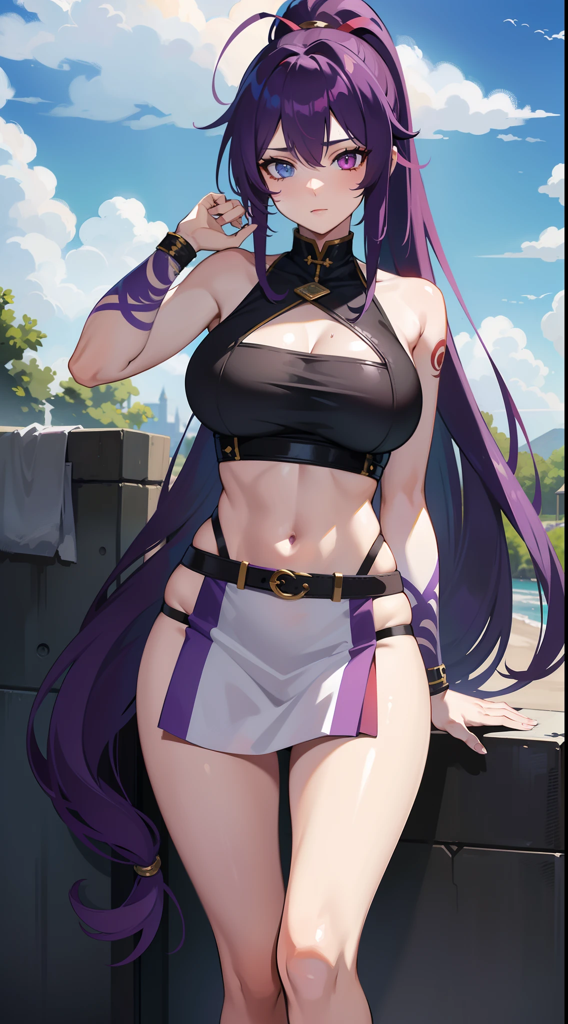 adult girl, long purple hair, Part of the hair is gathered in a high ponytail, Heterochromia, The left eye is purple, Red right eye, big breastes, The Monkey King's Armor, open torso, lots of tattoos, clouds beneath your feet, Masterpiece, hiquality, 4k, HD, Good detail